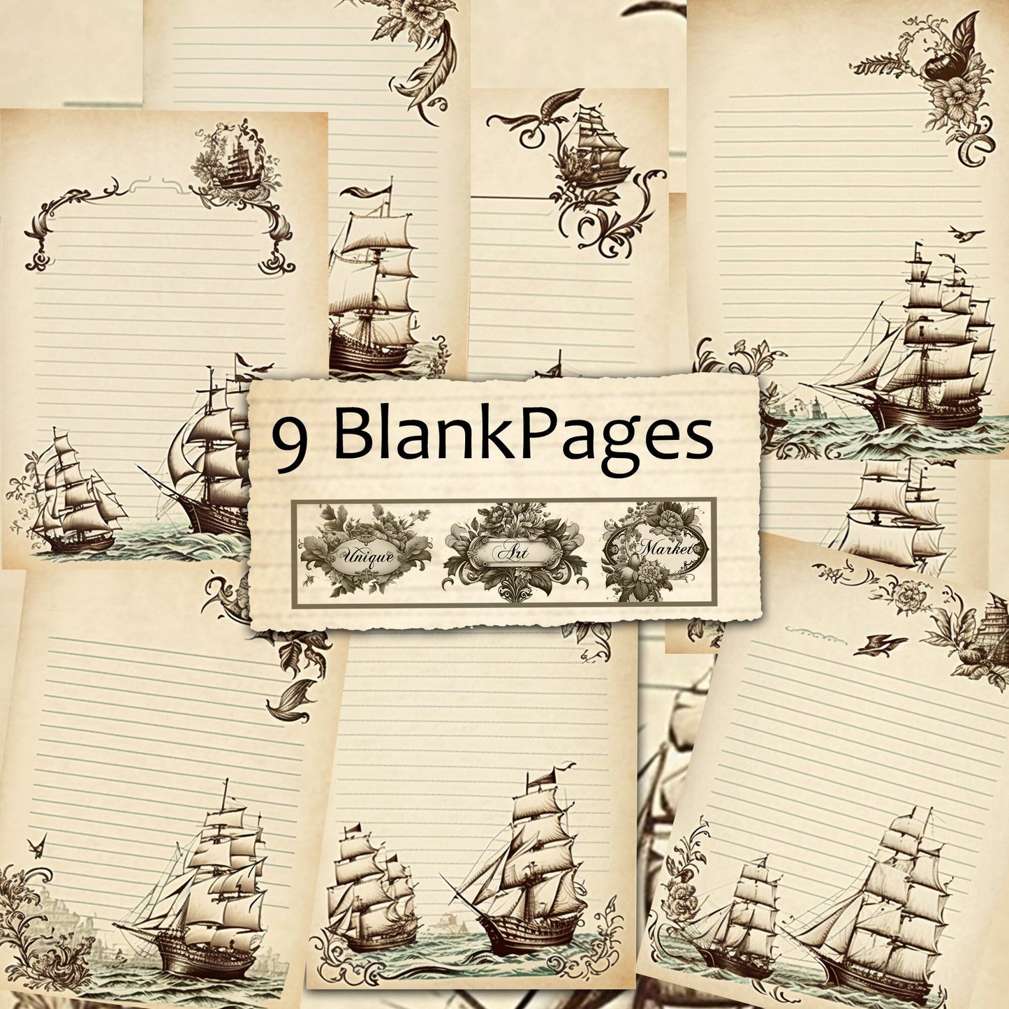 junk journal Vintage paper ship nine Piece Printable Original Notepaper Set Vintage sea Ephemera Set 1 Western Horse paper scrapbooking old.