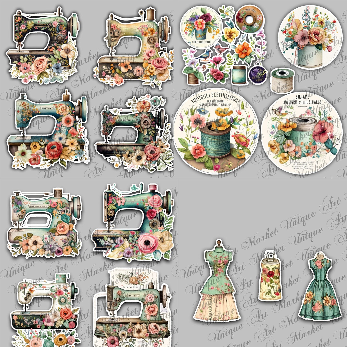 Junk Journal, Sewing, Florals, ADD ON, Kit, Machines, Seamstress, Vintage, Thread, Flowers, UNIQUE , Printable, Digital Download Collage