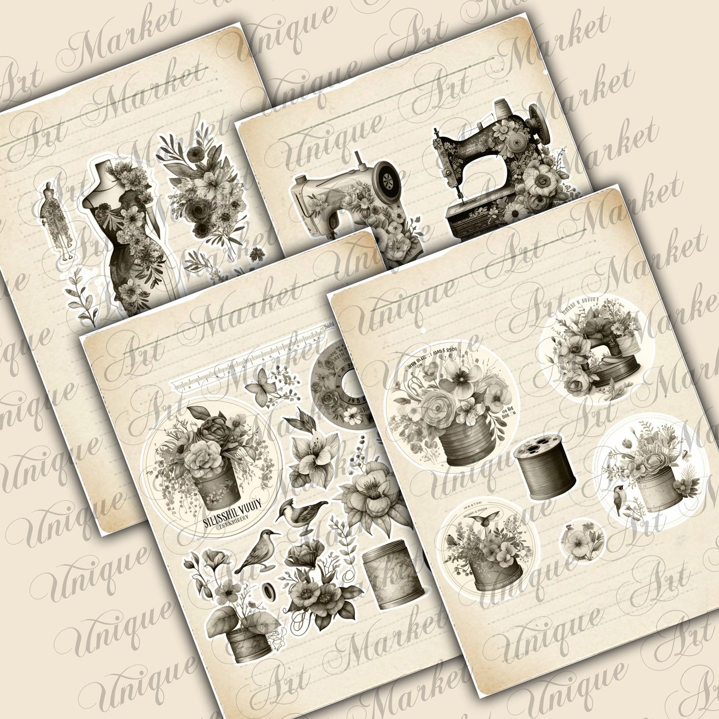Junk Journal, Sewing, Florals, ADD ON, Kit, Machines, Seamstress, Vintage, Thread, Flowers, UNIQUE , Printable, Digital Download Collage