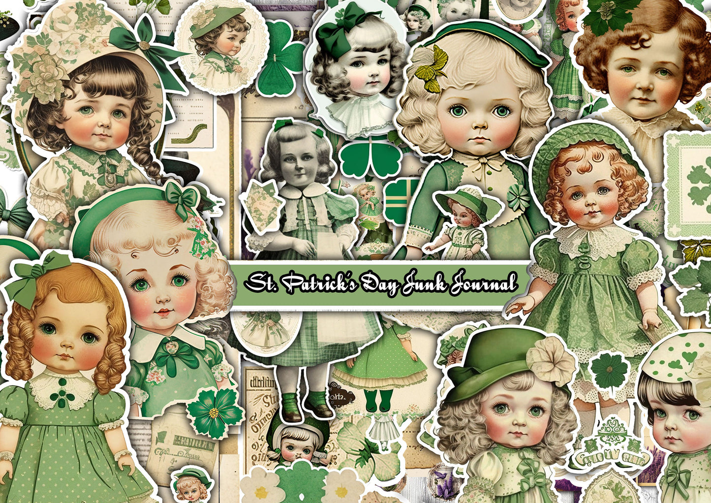 St. Patricks Day Junk Journal vintage shabby doll Kit Ephemera pack, Clover Keepsakes, vintage doll , digital collage , printable stickers