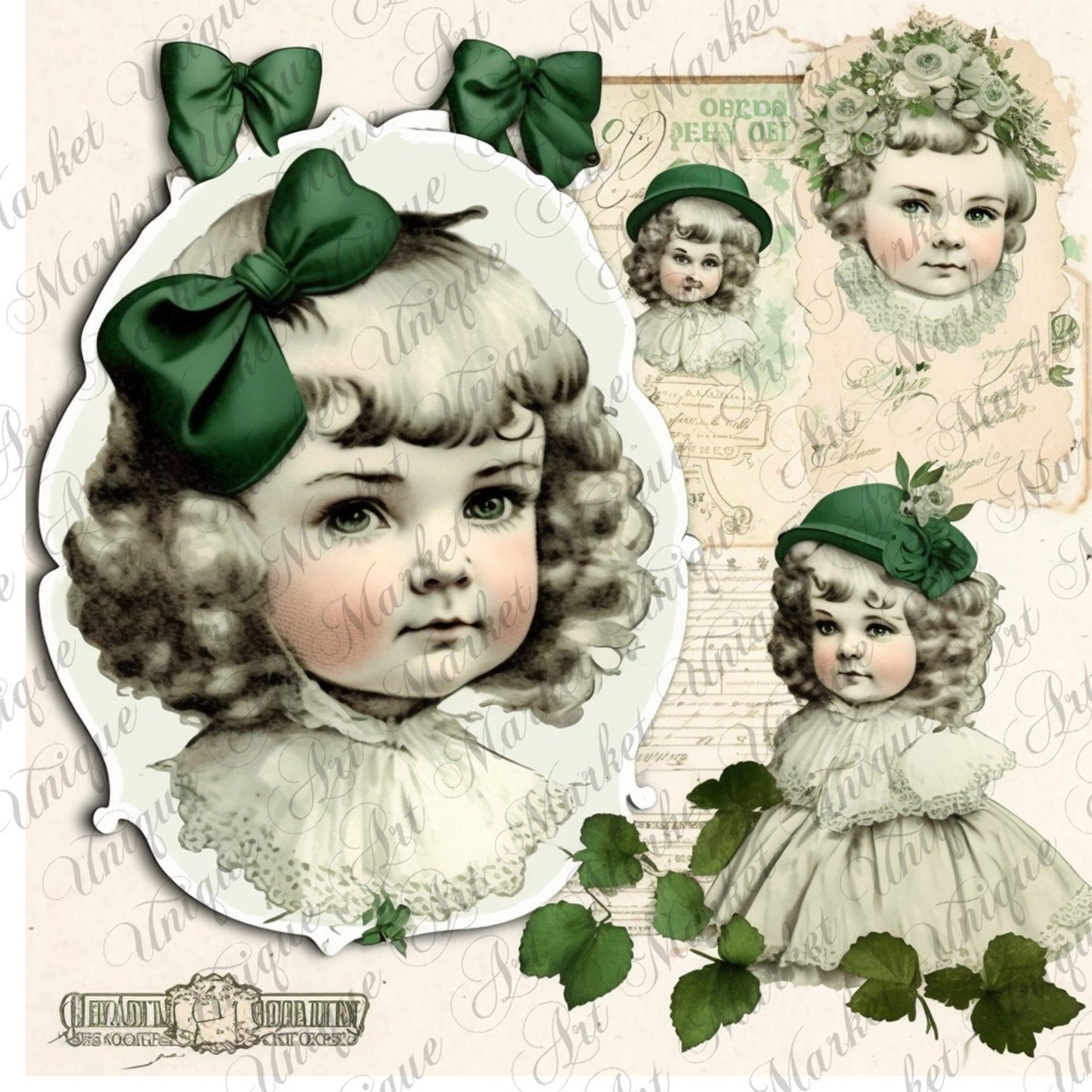 St. Patricks Day Junk Journal vintage shabby doll Kit Ephemera pack, Clover Keepsakes, vintage doll , digital collage , printable stickers