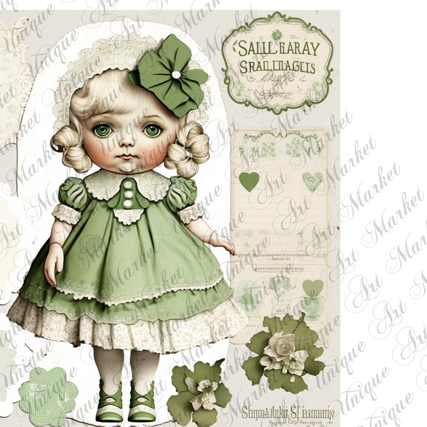St. Patricks Day Junk Journal vintage shabby doll Kit Ephemera pack, Clover Keepsakes, vintage doll , digital collage , printable stickers