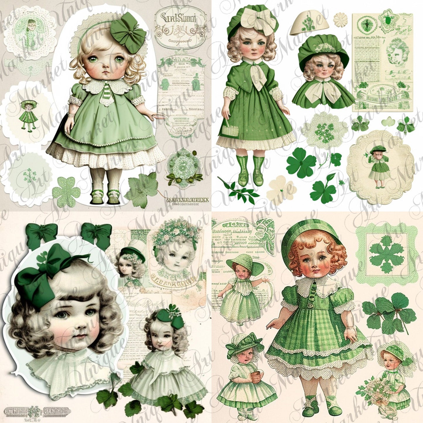 St. Patricks Day Junk Journal vintage shabby doll Kit Ephemera pack, Clover Keepsakes, vintage doll , digital collage , printable stickers