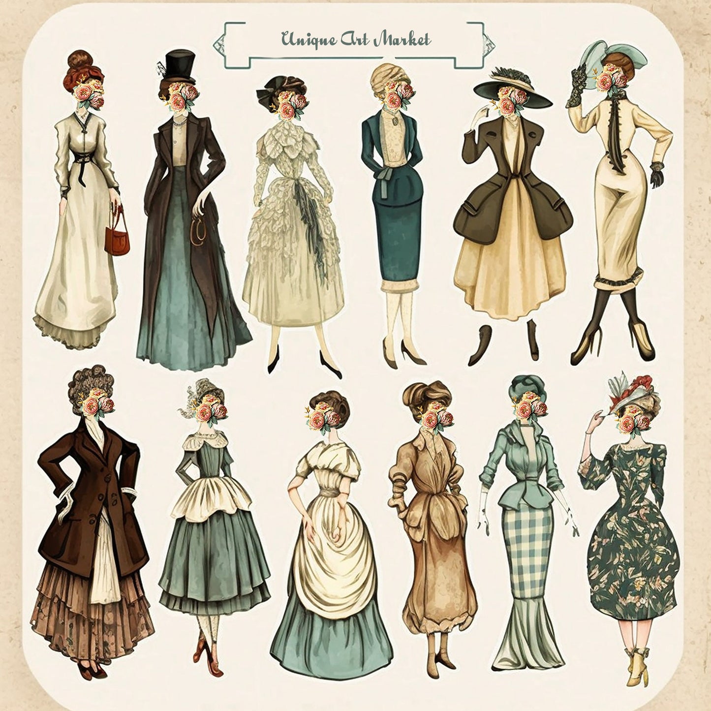 Fussy Cut Vintage fashion women ladies, printable, Digital instant download, 144 images 12 pages to cut, junk journaling, Ephemera, clothes