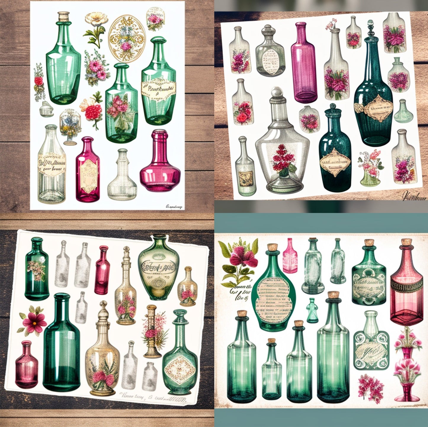 8 Sheets Vintage Bottles Ephemera Pack For Junk Journal, Vintage Junk Journal Kit, Scrapbook Stickers Supply, Collage Paper Craft , flowers
