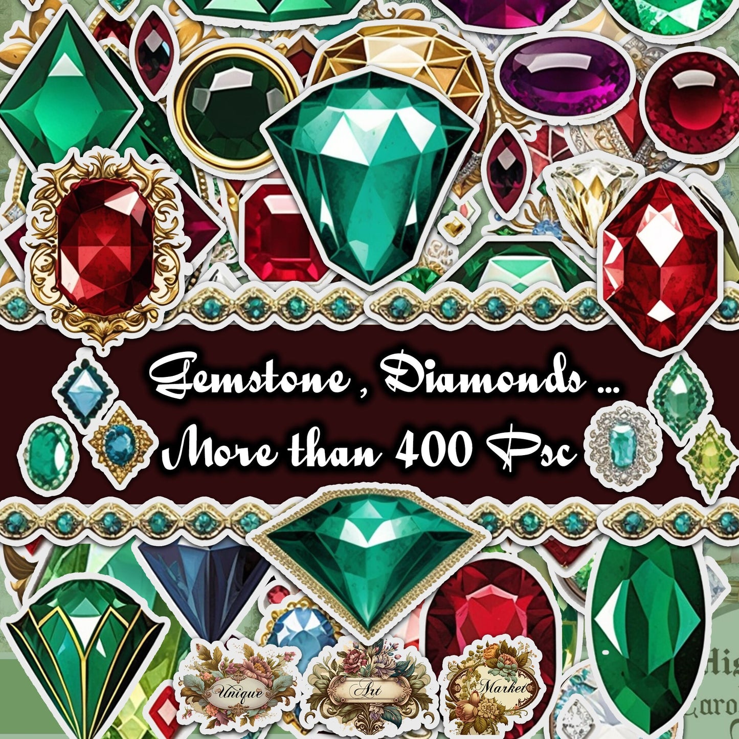 Vintage fussy cut jewelry Gemstone diamonds, junk journal ephemera, diamonds stickers, digital printable, collage , floral stickers, sparkle