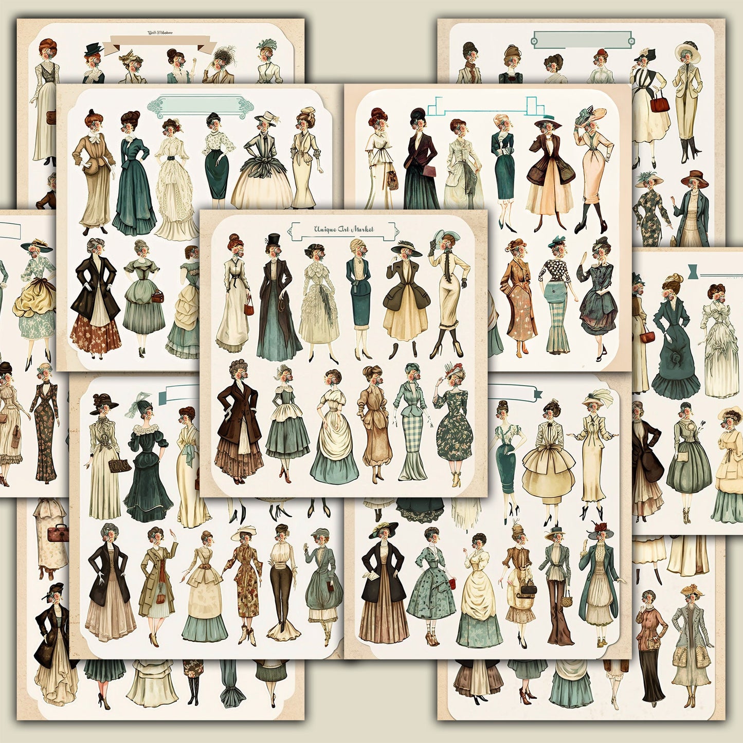 Fussy Cut Vintage fashion women ladies, printable, Digital instant download, 144 images 12 pages to cut, junk journaling, Ephemera, clothes