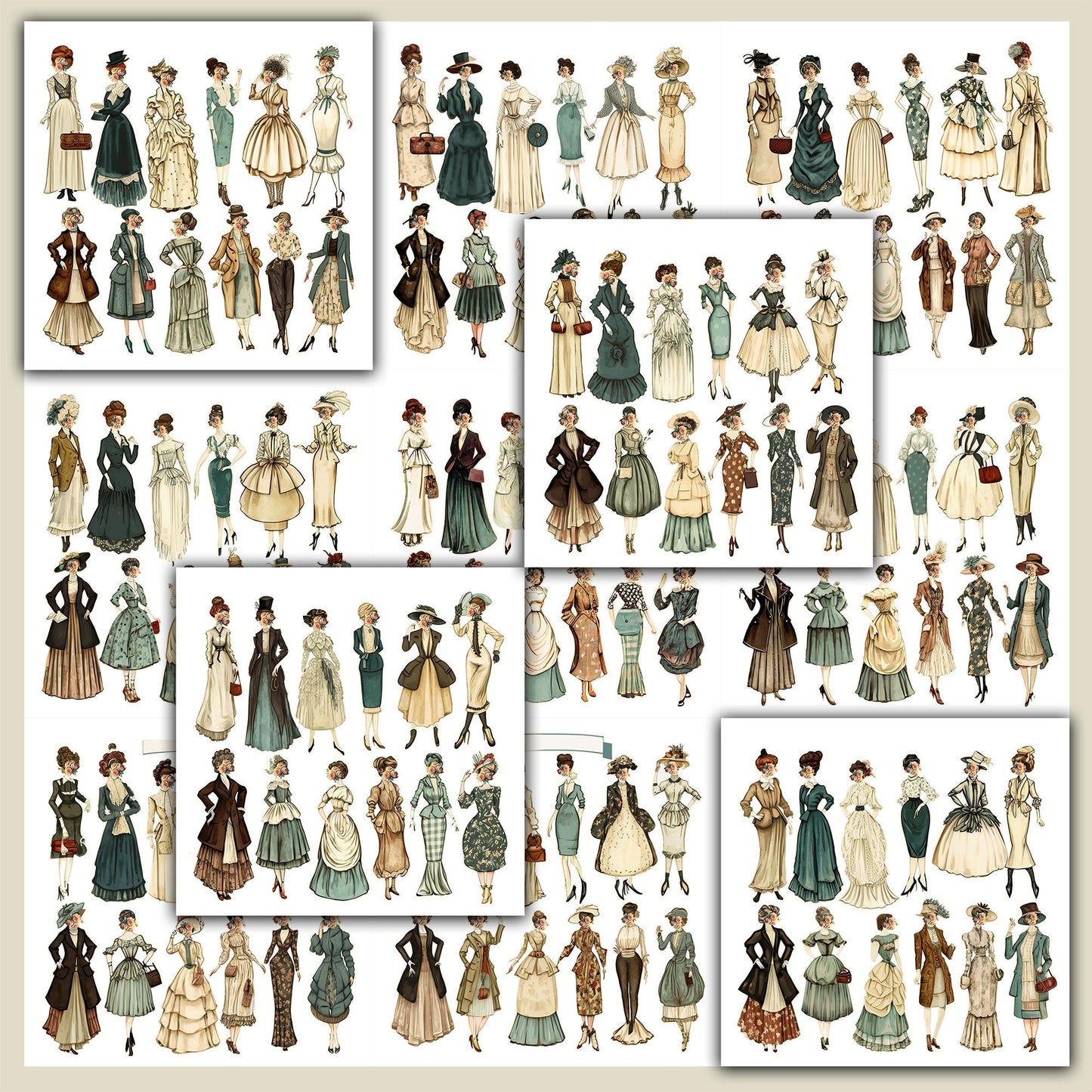 Fussy Cut Vintage fashion women ladies, printable, Digital instant download, 144 images 12 pages to cut, junk journaling, Ephemera, clothes
