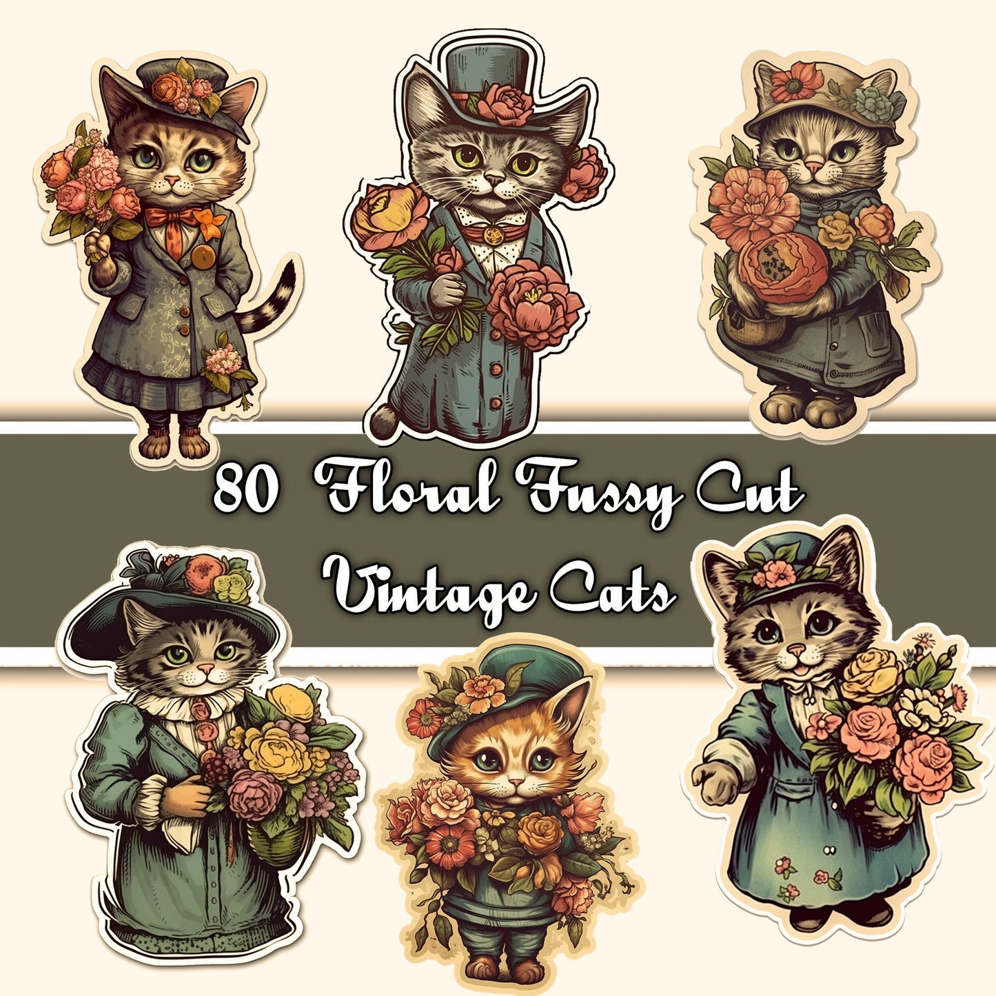 Vintage fussy cut victorian cats flowers , junk journal ephemera, cats stickers, digital printable, collage, cat stickers , floral stickers