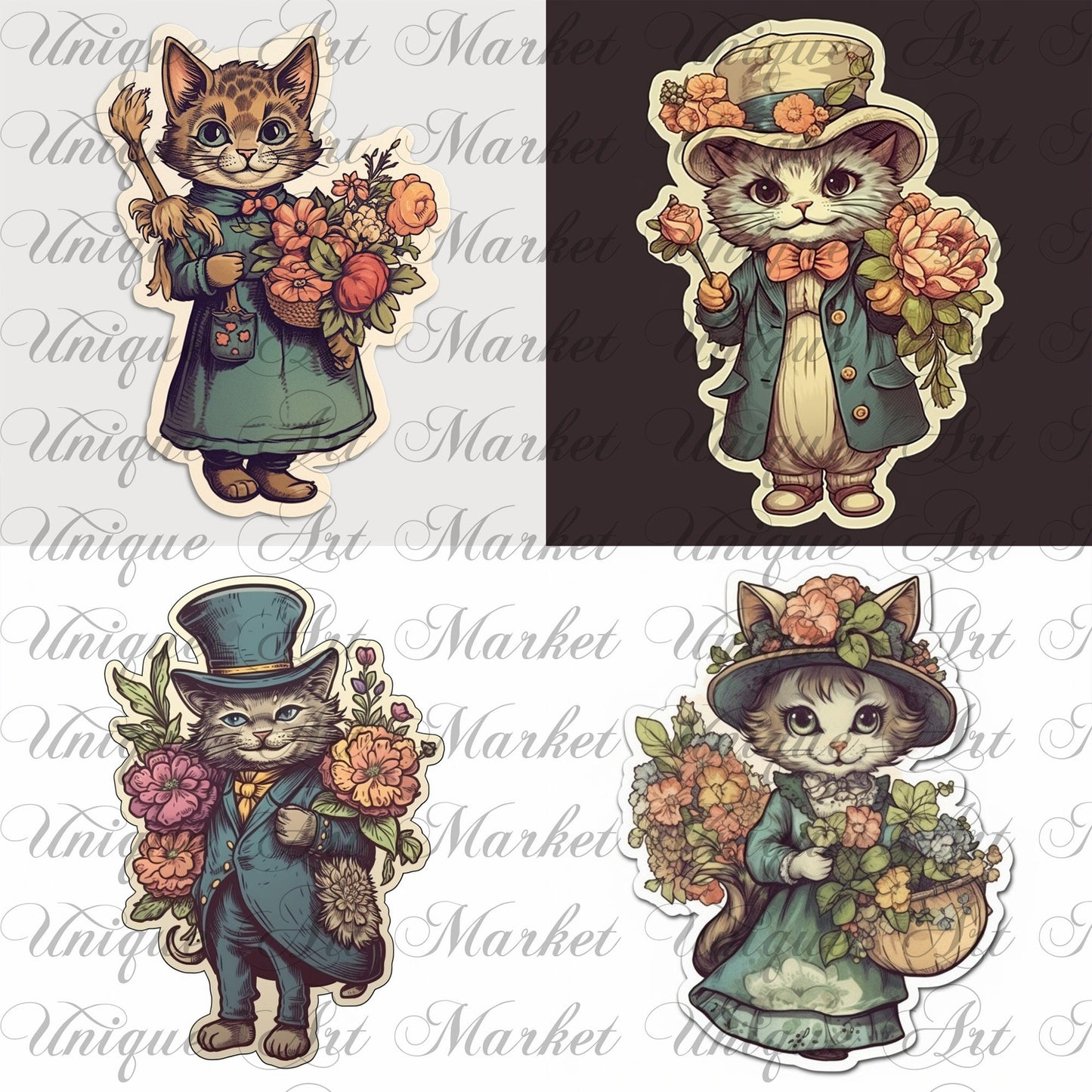 Vintage fussy cut victorian cats flowers , junk journal ephemera, cats stickers, digital printable, collage, cat stickers , floral stickers