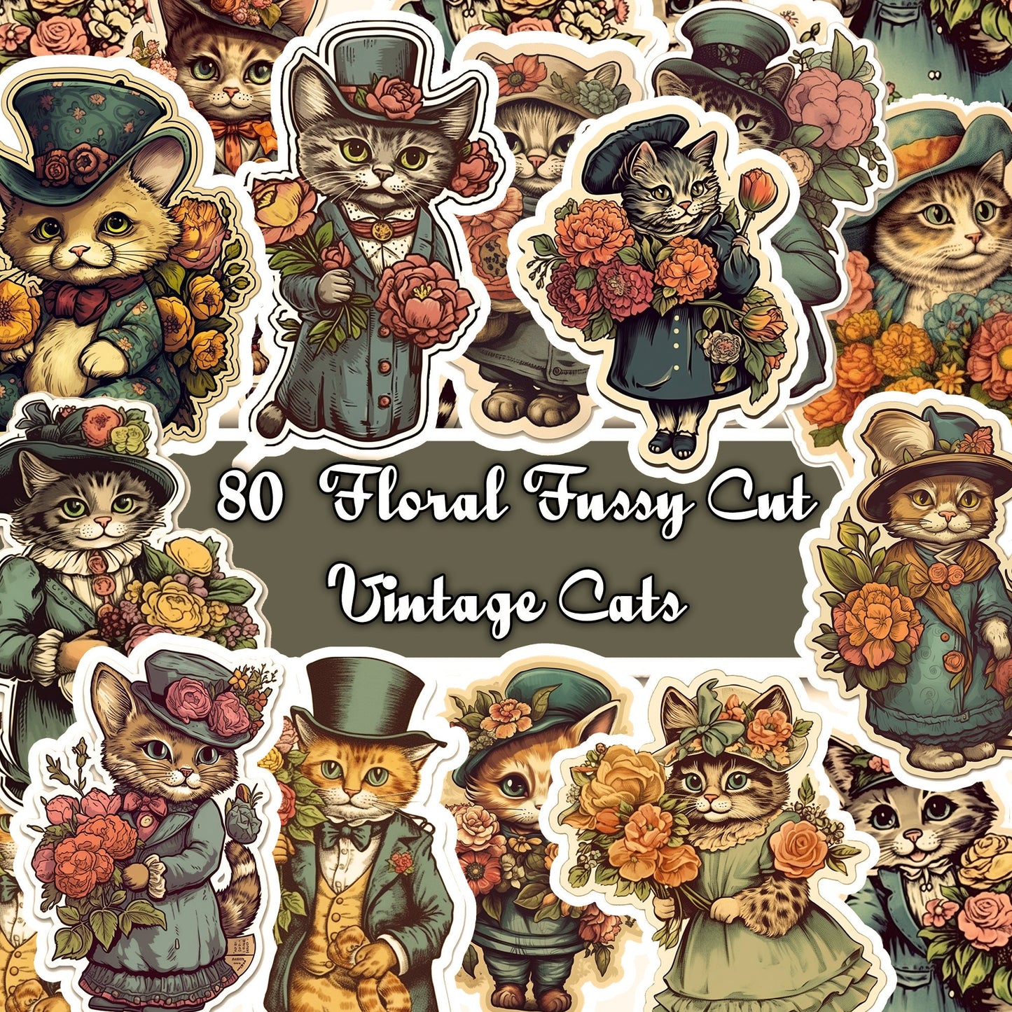 Vintage fussy cut victorian cats flowers , junk journal ephemera, cats stickers, digital printable, collage, cat stickers , floral stickers