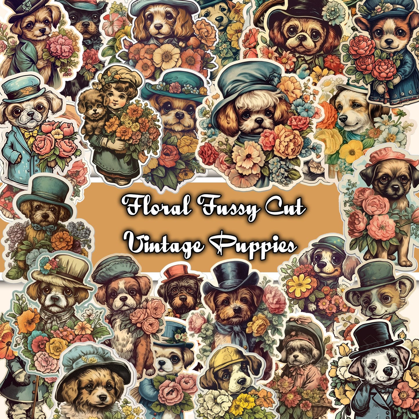 Puppy fussy cut , Vintage dogs , junk journal ephemera, puppies stickers , digital printable , collage , dogs stickers , floral stickers