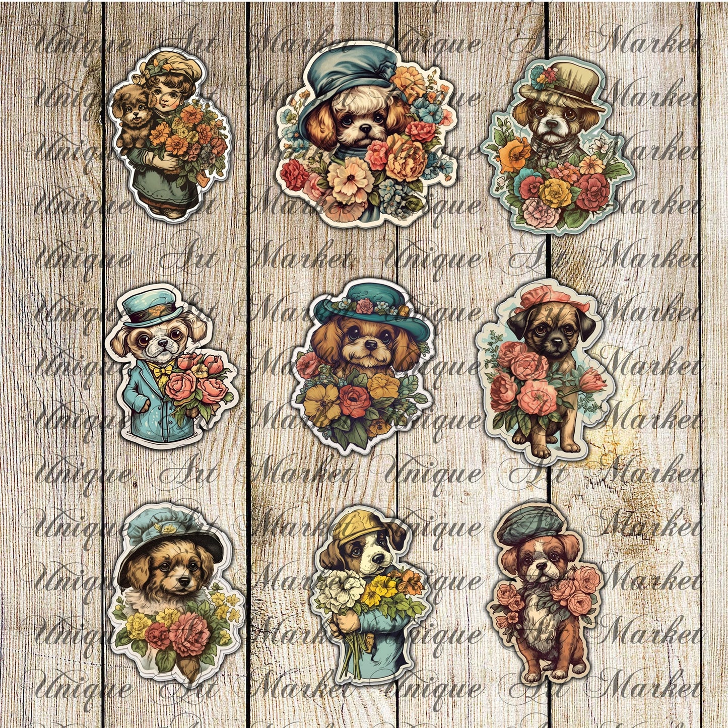 Puppy fussy cut , Vintage dogs , junk journal ephemera, puppies stickers , digital printable , collage , dogs stickers , floral stickers