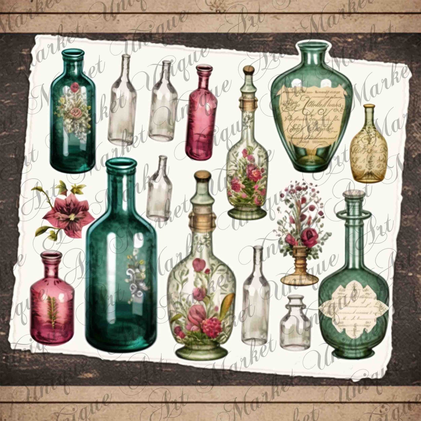 8 Sheets Vintage Bottles Ephemera Pack For Junk Journal, Vintage Junk Journal Kit, Scrapbook Stickers Supply, Collage Paper Craft , flowers