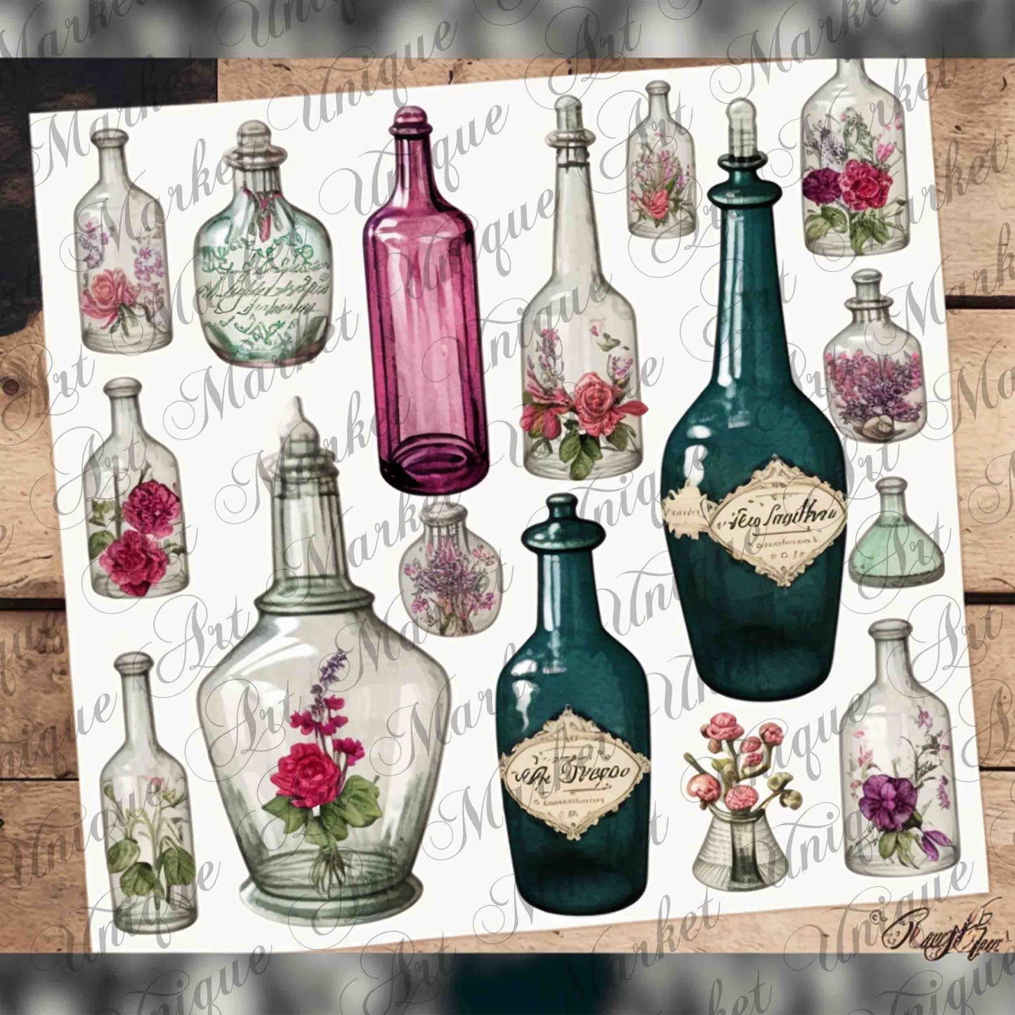 8 Sheets Vintage Bottles Ephemera Pack For Junk Journal, Vintage Junk Journal Kit, Scrapbook Stickers Supply, Collage Paper Craft , flowers
