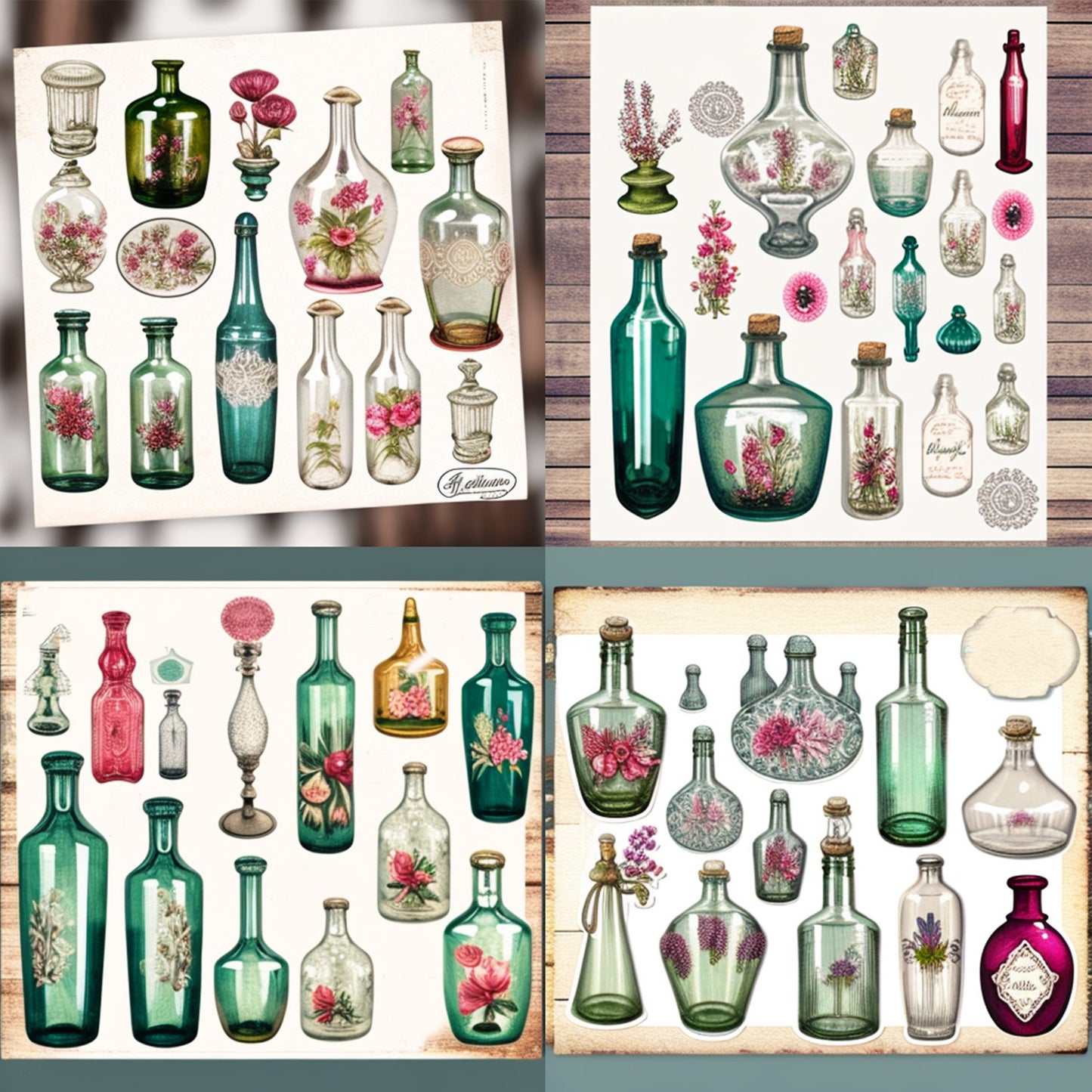 8 Sheets Vintage Bottles Ephemera Pack For Junk Journal, Vintage Junk Journal Kit, Scrapbook Stickers Supply, Collage Paper Craft , flowers