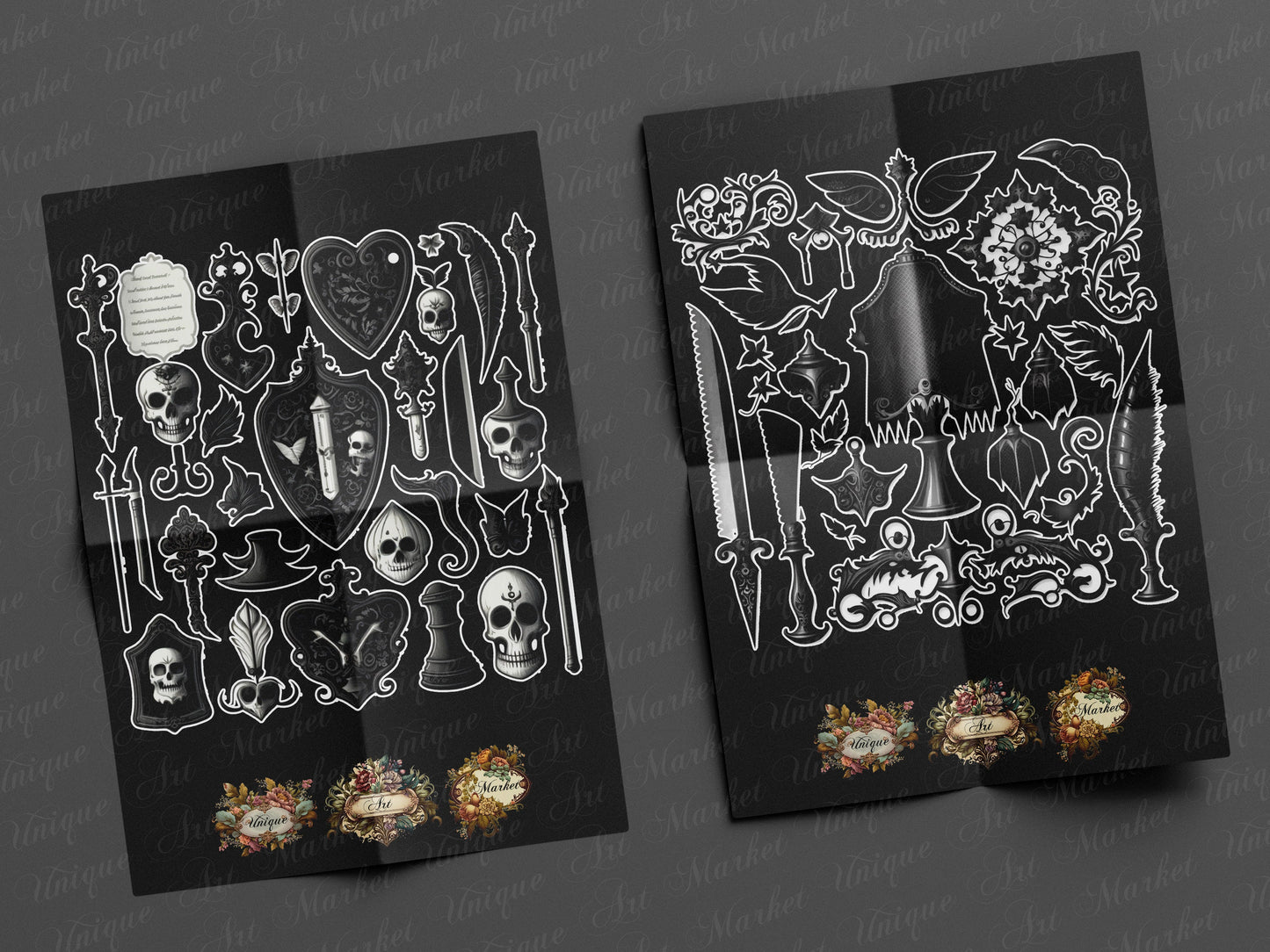 witchcraft junk journal kit, VOL 02 , Printable stickers , Gothic skull , witch craft , white , gothic , black magic , spirits , Fussy cuts