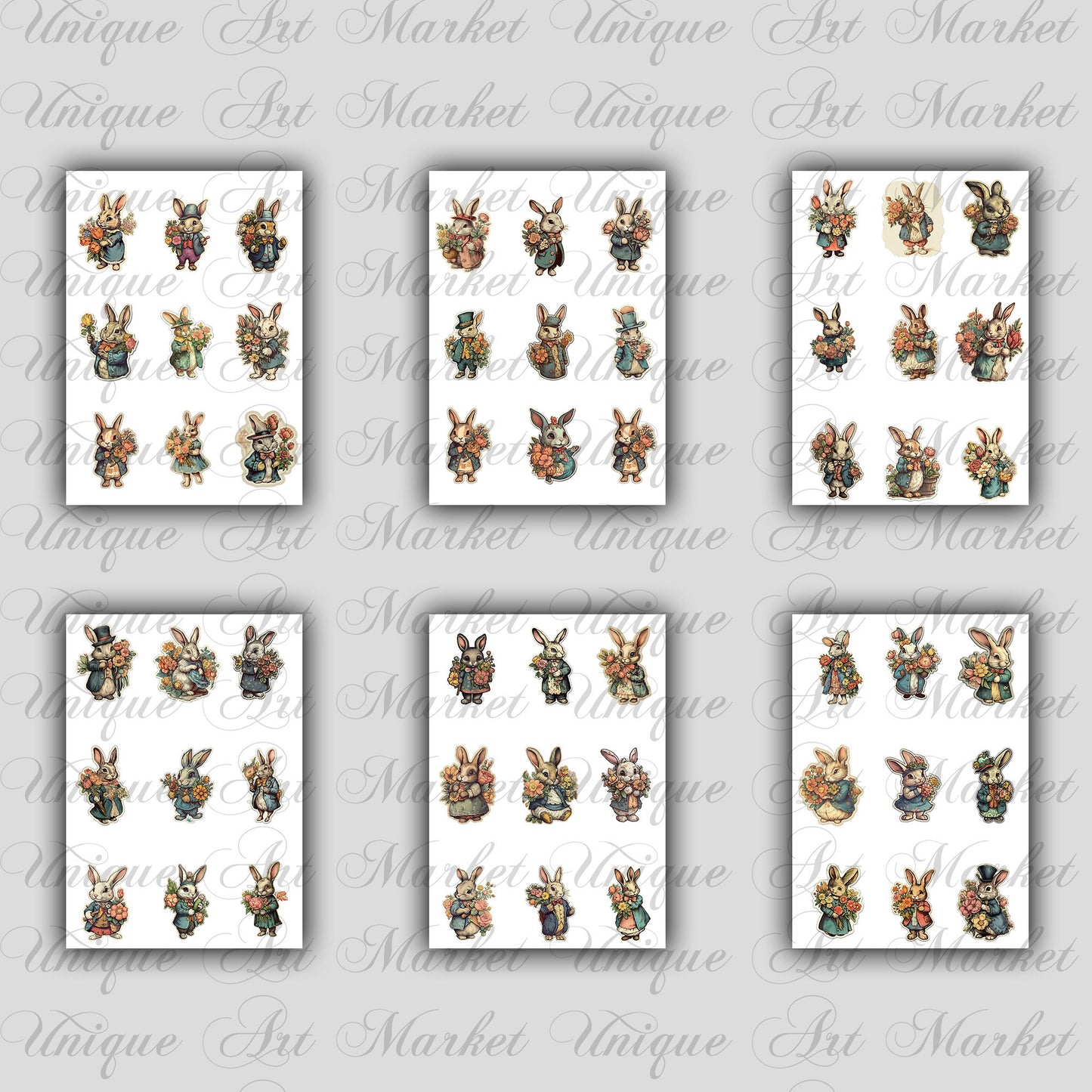 Vintage fussy cut bunnies flowers , junk journal ephemera, bunny stickers , digital printable , collage , rabbit stickers , floral sticker