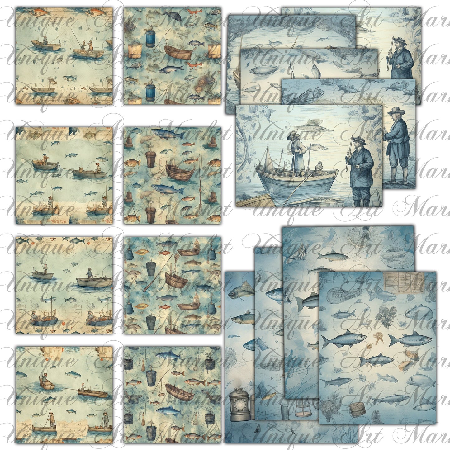 Vintage fishing Journal Pages , Digital Papers , fish Ephemera Pack , Scrapbooking Junk Journaling , Printable Download , sea water, blue