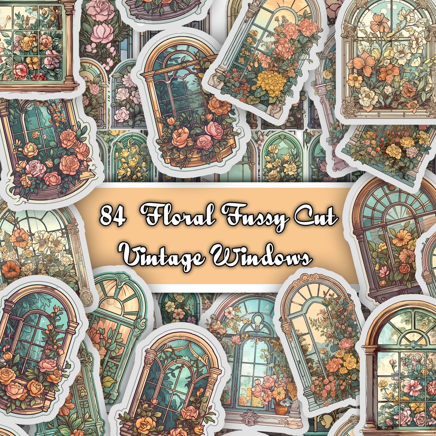 Vintage fussy cut windows floral , junk journal ephemera, window stickers , digital printable , ephemera, window stickers , floral sticker