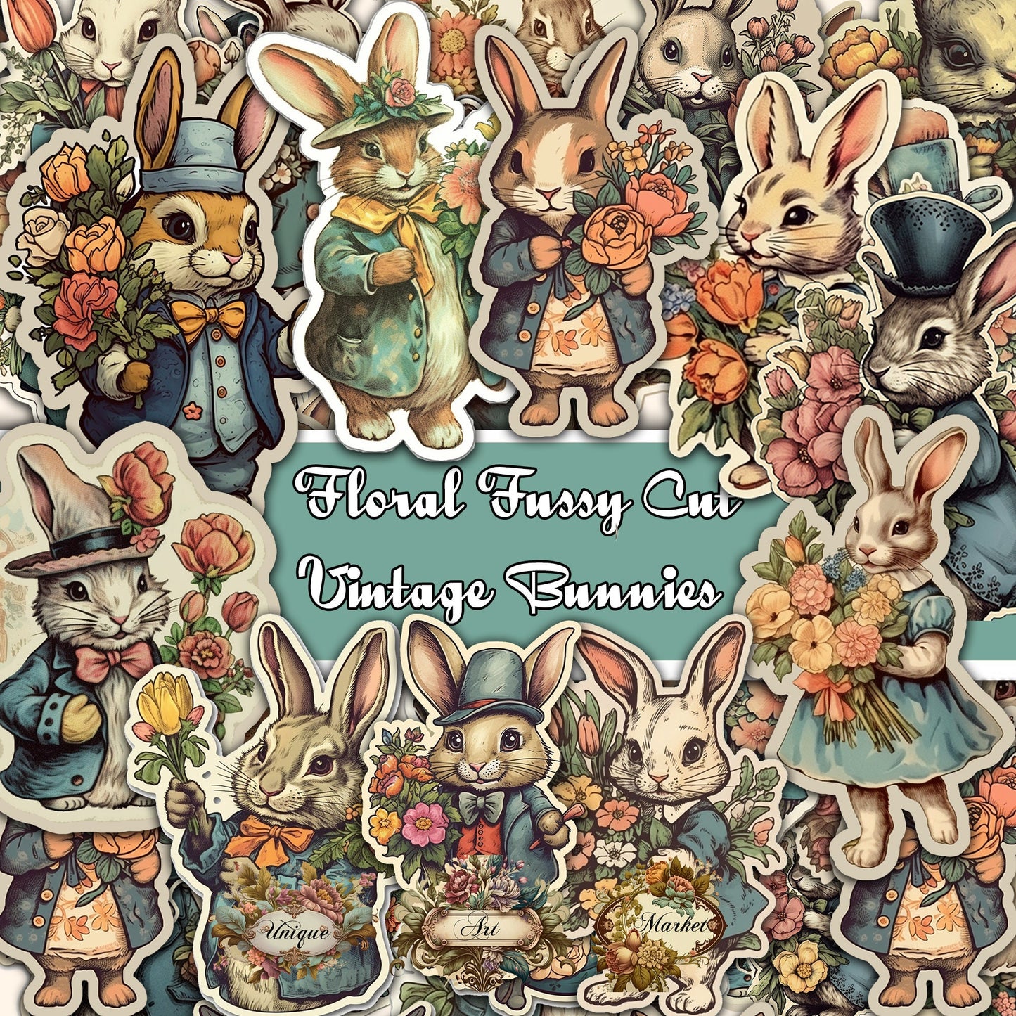 Vintage fussy cut bunnies flowers , junk journal ephemera, bunny stickers , digital printable , collage , rabbit stickers , floral sticker