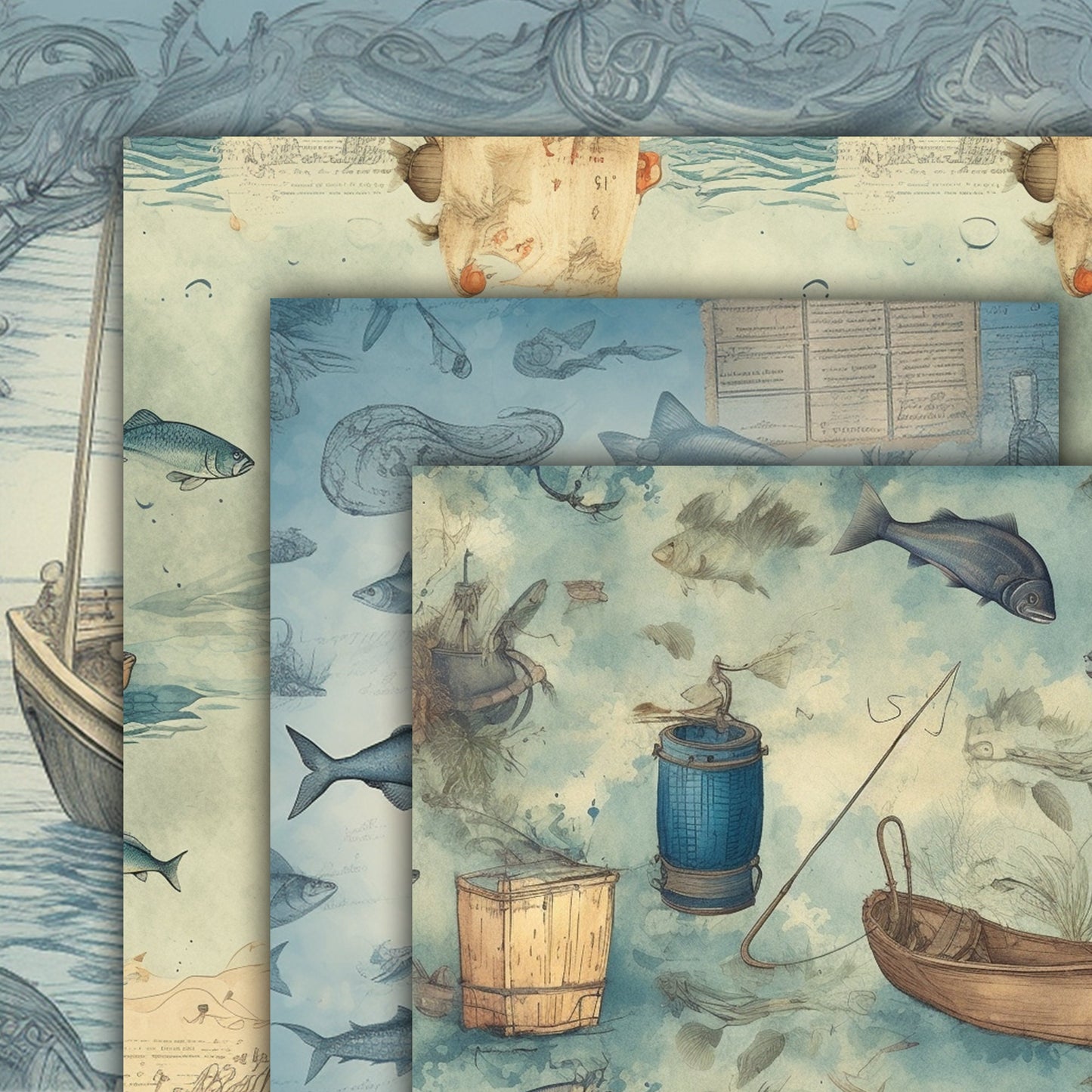 Vintage fishing Journal Pages , Digital Papers , fish Ephemera Pack , Scrapbooking Junk Journaling , Printable Download , sea water, blue