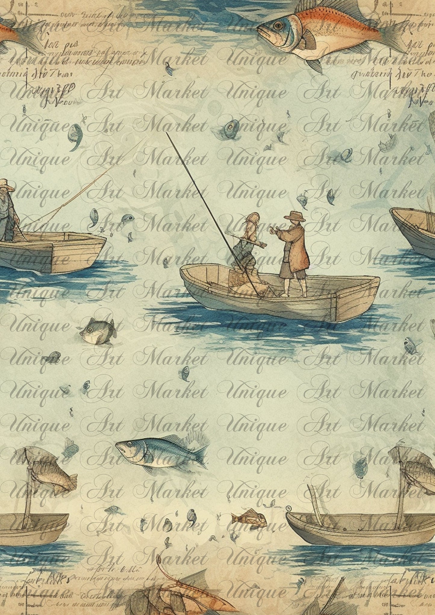 Vintage fishing Journal Pages , Digital Papers , fish Ephemera Pack , Scrapbooking Junk Journaling , Printable Download , sea water, blue