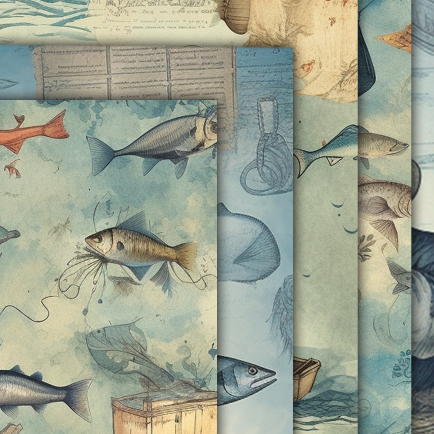 Vintage fishing Journal Pages , Digital Papers , fish Ephemera Pack , Scrapbooking Junk Journaling , Printable Download , sea water, blue
