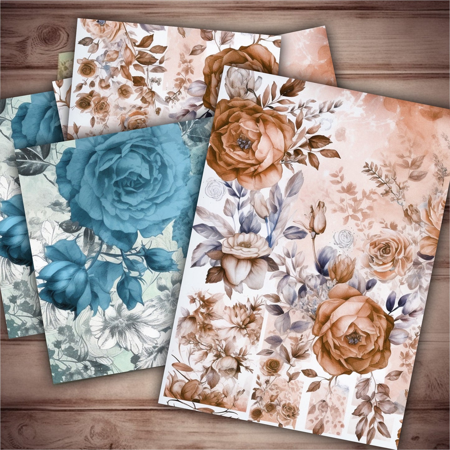 Vintage floral Journal Pages , Digital Papers , floral ephemera pack , Scrapbooking junk Journaling , Printable Download , Blue flowers