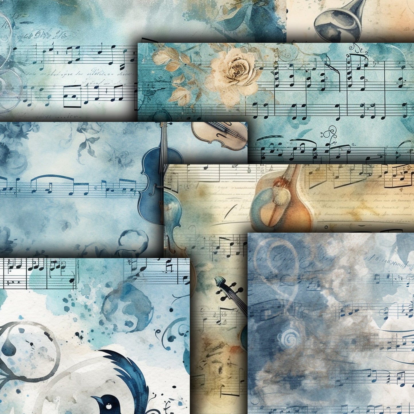 Vintage music Journal Pages , Digital Papers , Music Ephemera Pack , Scrapbooking Junk Journaling , Printable Download , Blue ephemera junk