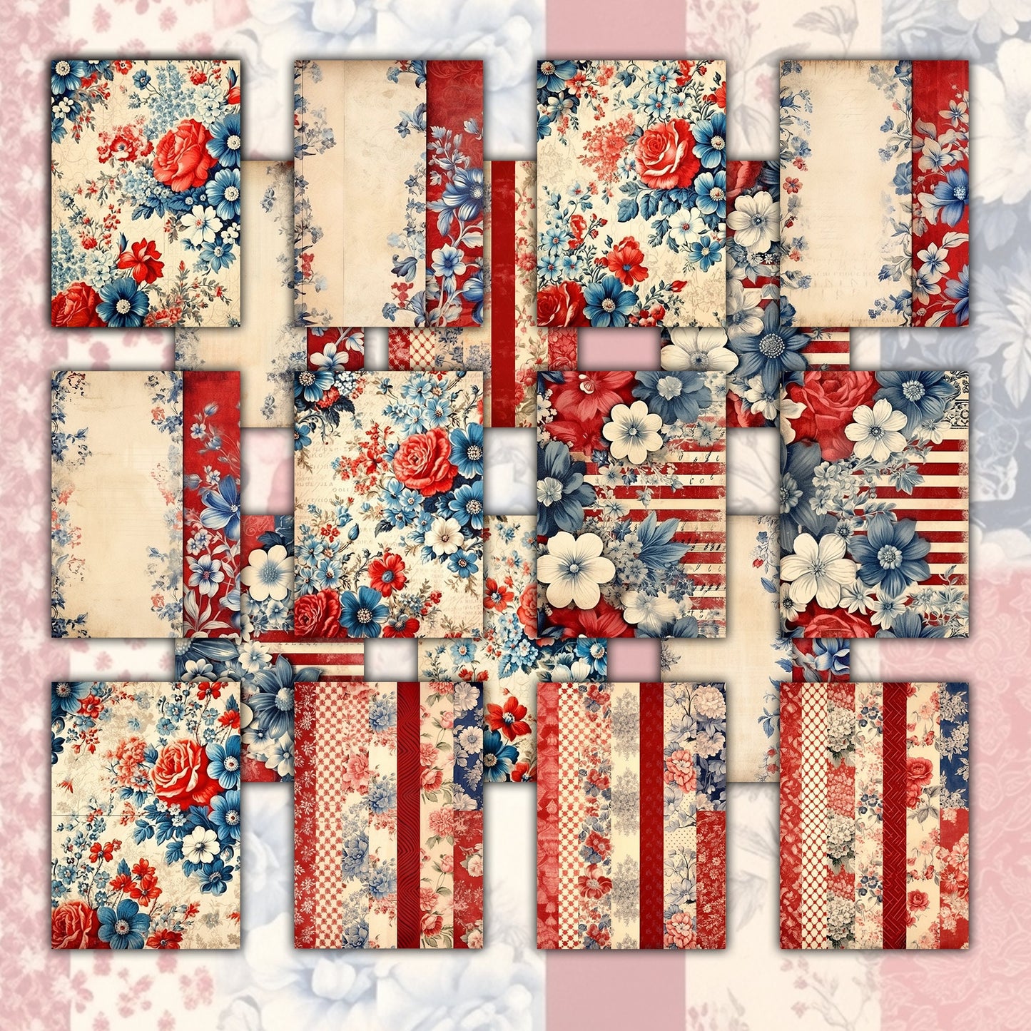 Vintage Floral Journal Papers A4 Printable Collection - Americana Inspired Designs for Scrapbooking, Crafts, and Stationery