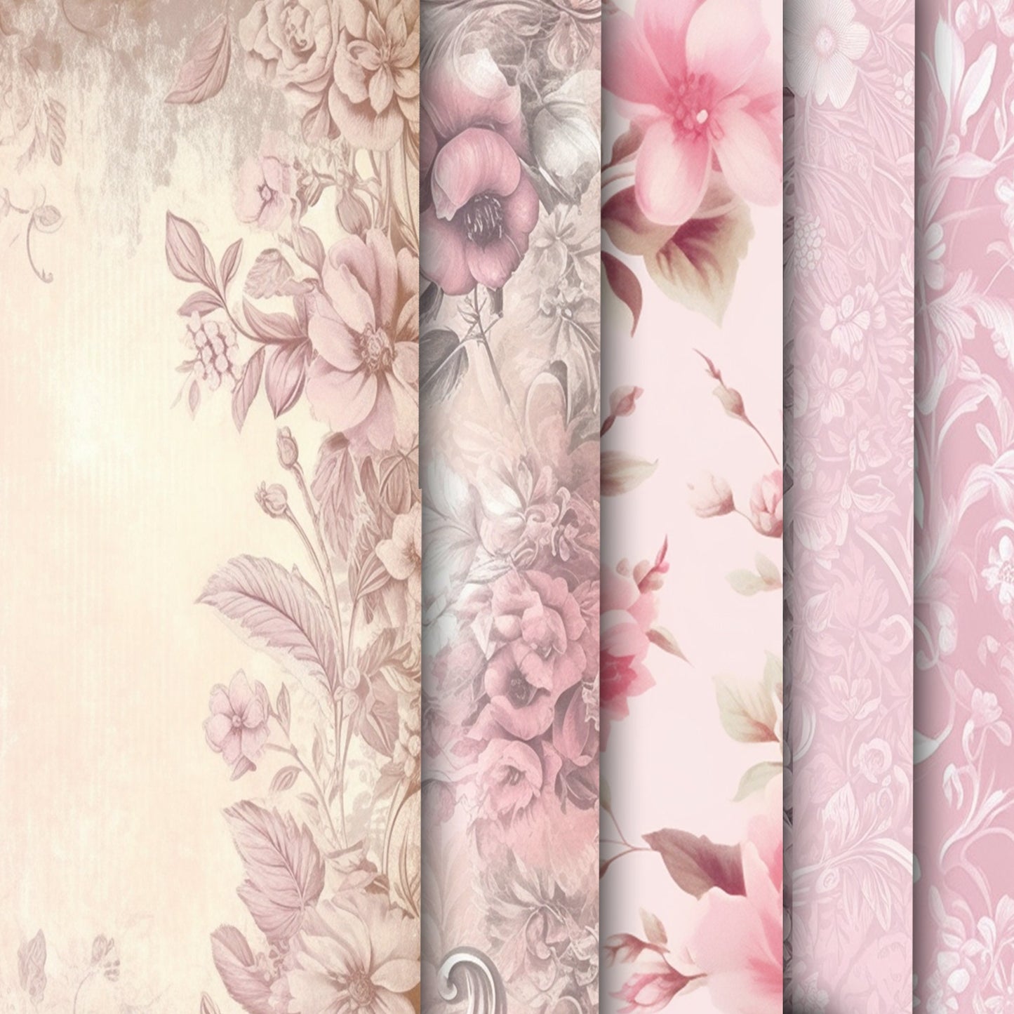 Vintage Soft Pink Floral Journal A4 Paper Background Collection - 16 Printable PCS for Journals, Scrapbooking, and Crafts