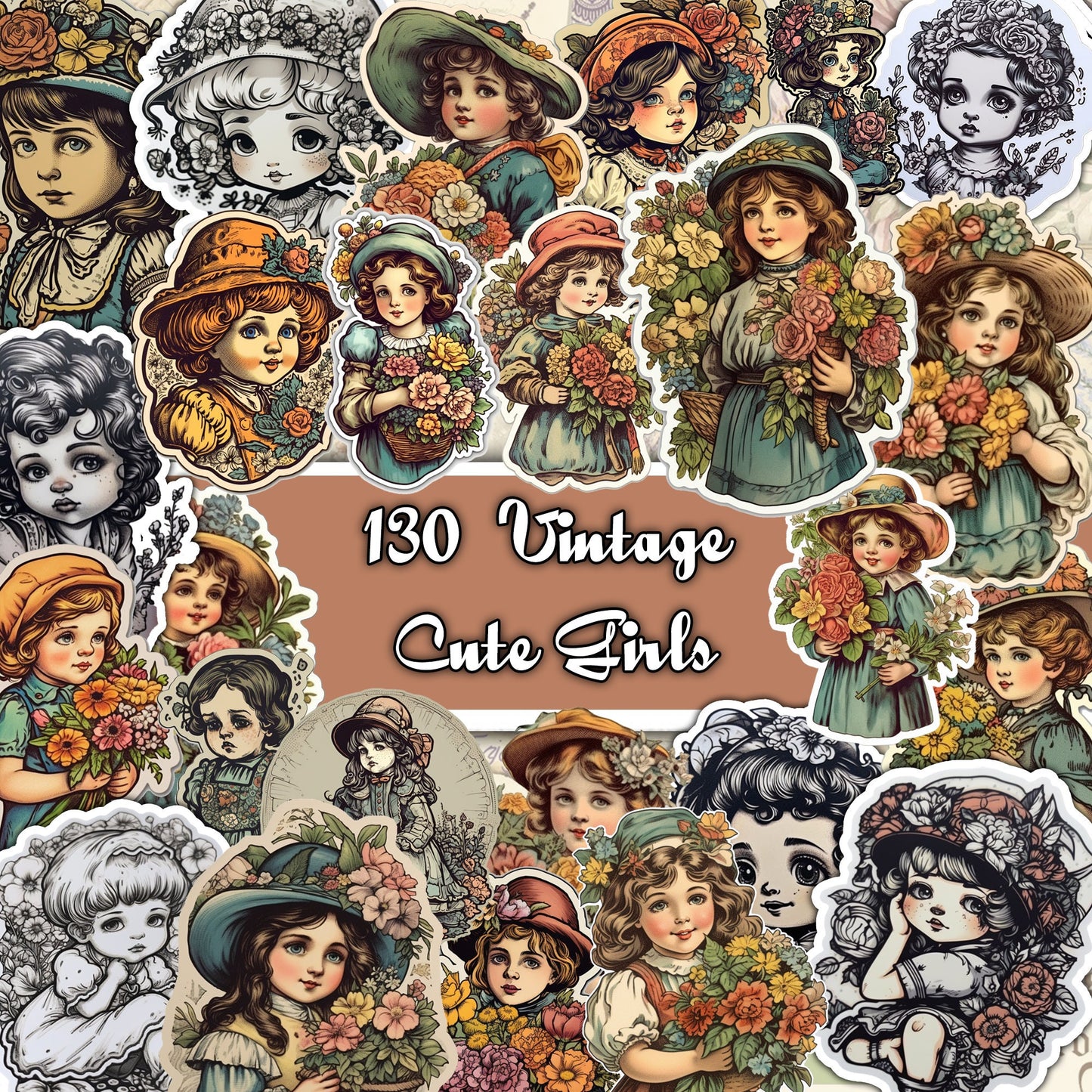 Vintage fussy cut cute girls , junk journal ephemera, girl stickers , digital printable , collage , kids stickers , floral stickers cutout