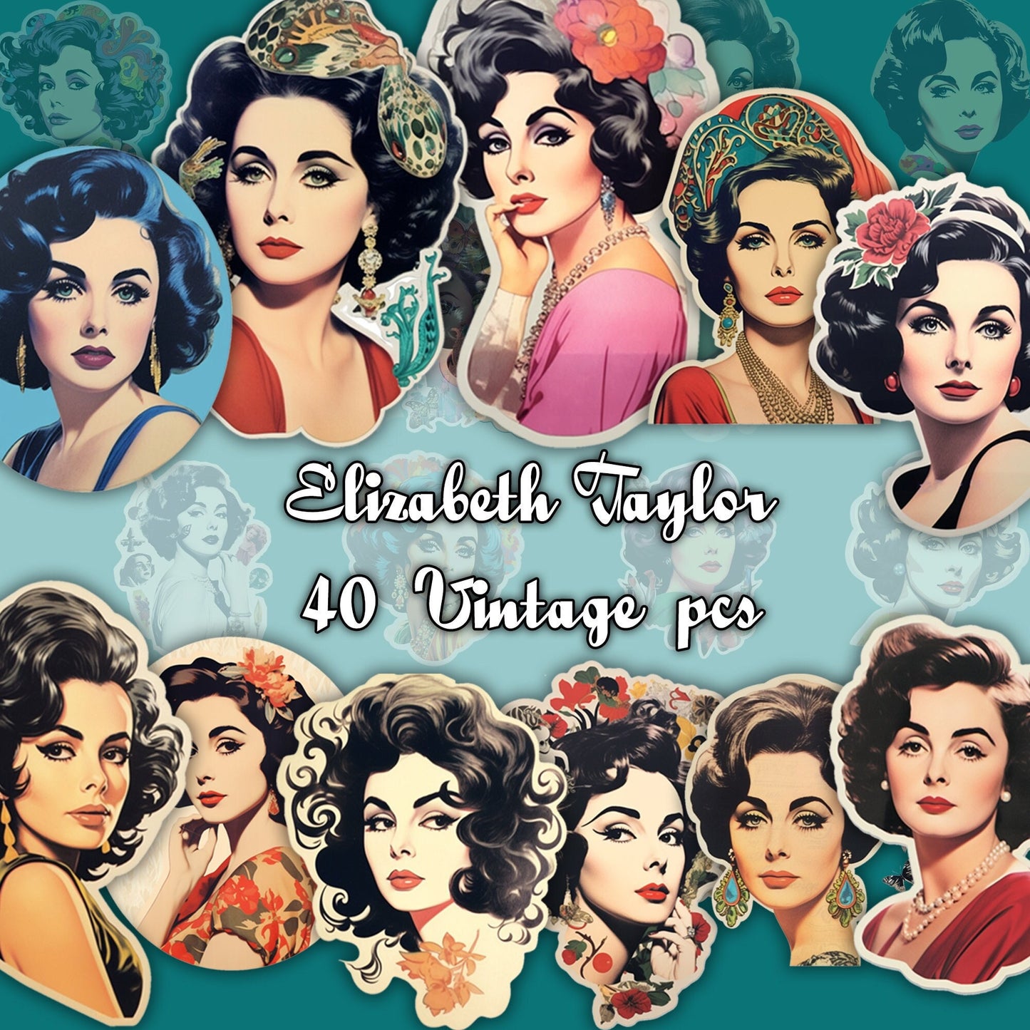 Elizabeth Taylor Vintage Stickers: Fussy Cut, Junk Journaling, Digital Pintables, Classic Hollywood, Printable Sticker Set, Ephemera kit