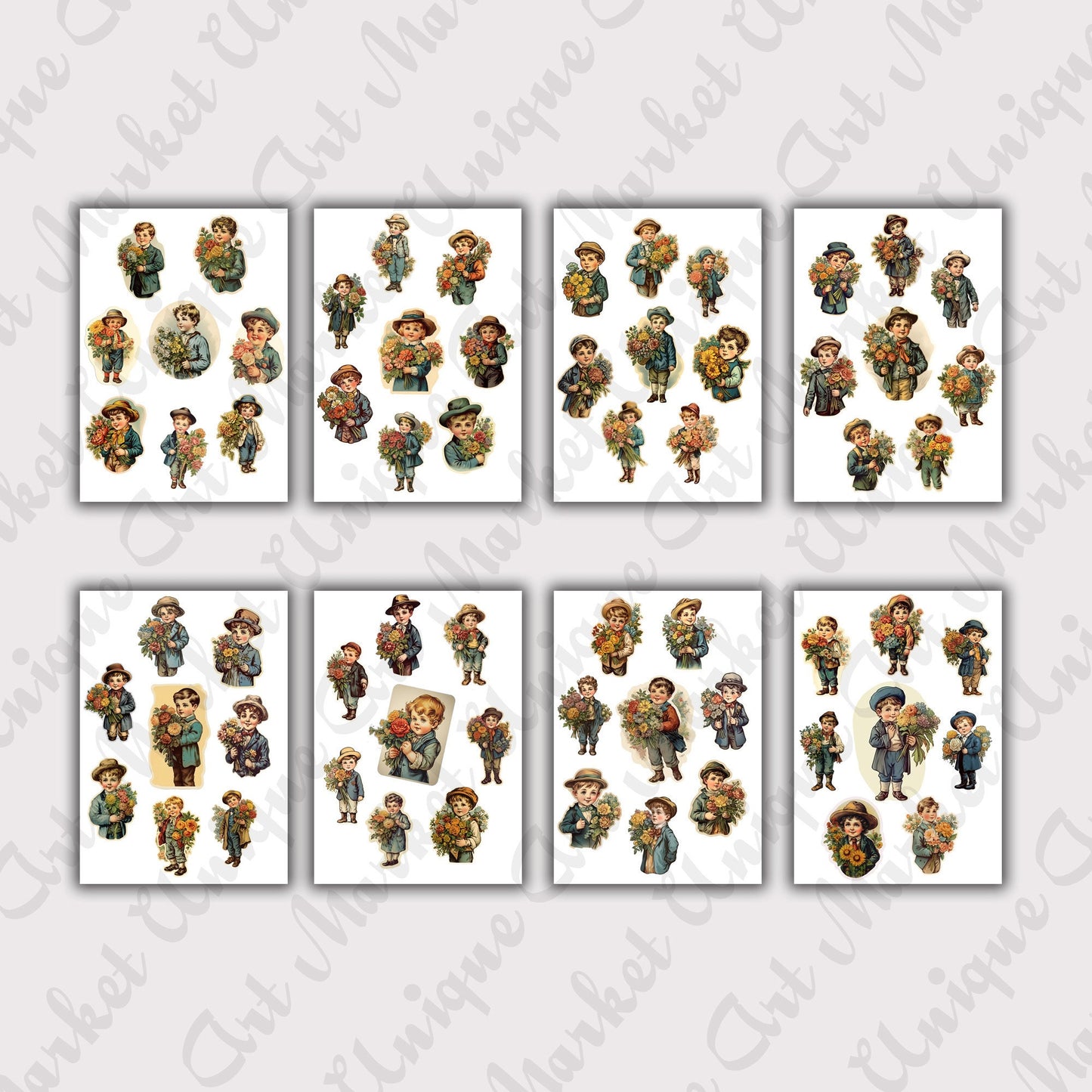 Vintage fussy cut cute boys , junk journal ephemera, girl stickers , digital printable , collage , kids stickers , floral stickers cutout
