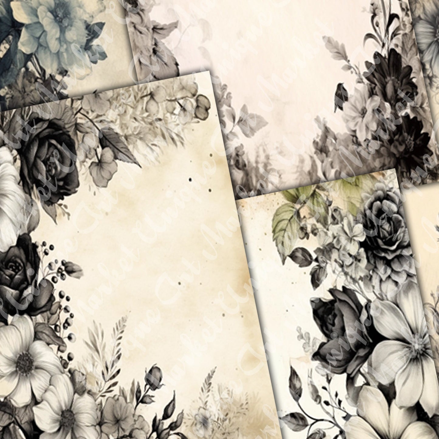 Vintage Black Floral Journal Pages , Digital Papers, gothic Backgrounds , Scrapbooking Junk Journaling , Printable Download , Black flowers