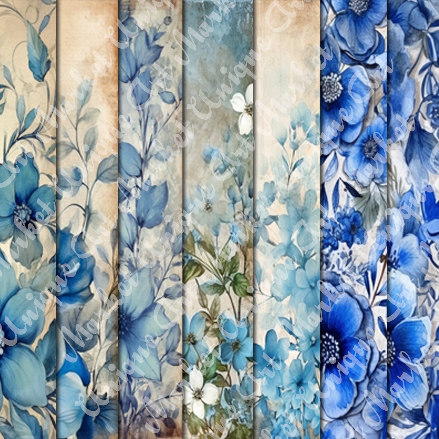 Vintage Blue Floral Journal Pages , Digital Papers, floral Backgrounds , Scrapbooking Junk Journaling , Printable Download , Blue flowers