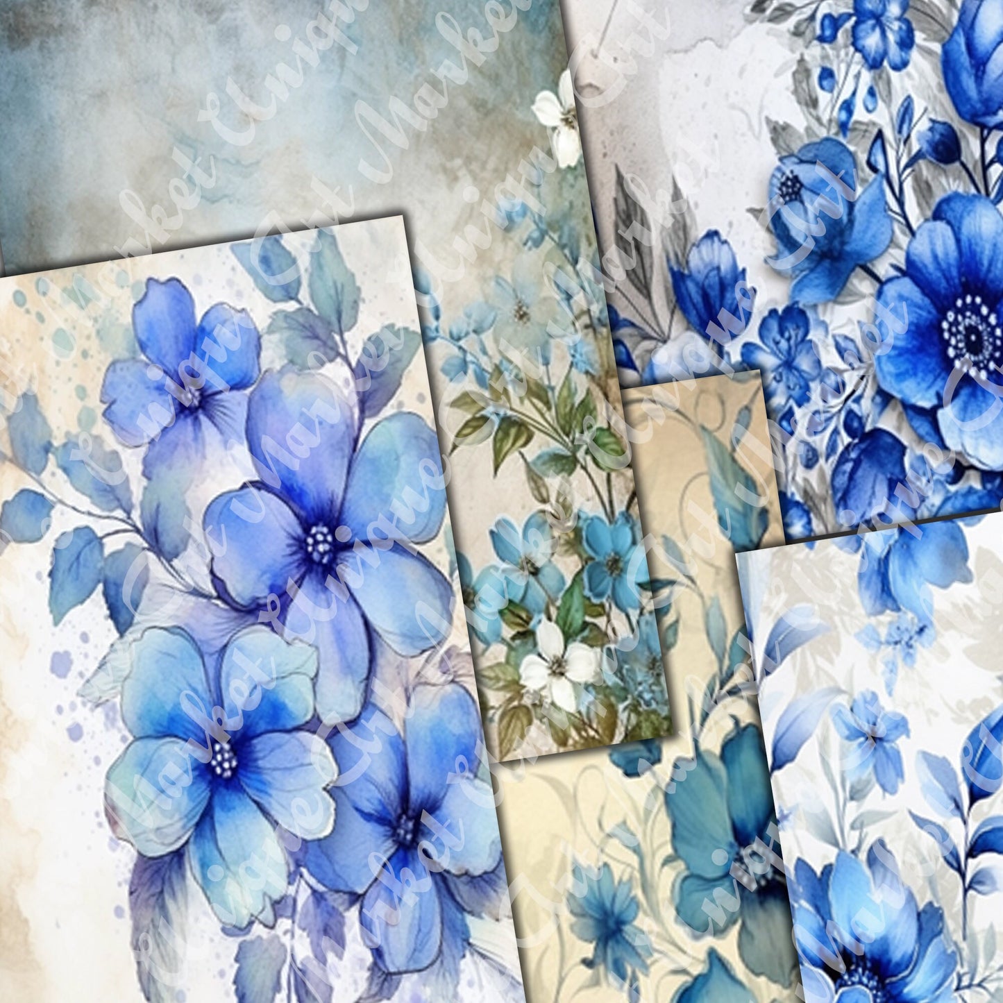 Vintage Blue Floral Journal Pages , Digital Papers, floral Backgrounds , Scrapbooking Junk Journaling , Printable Download , Blue flowers