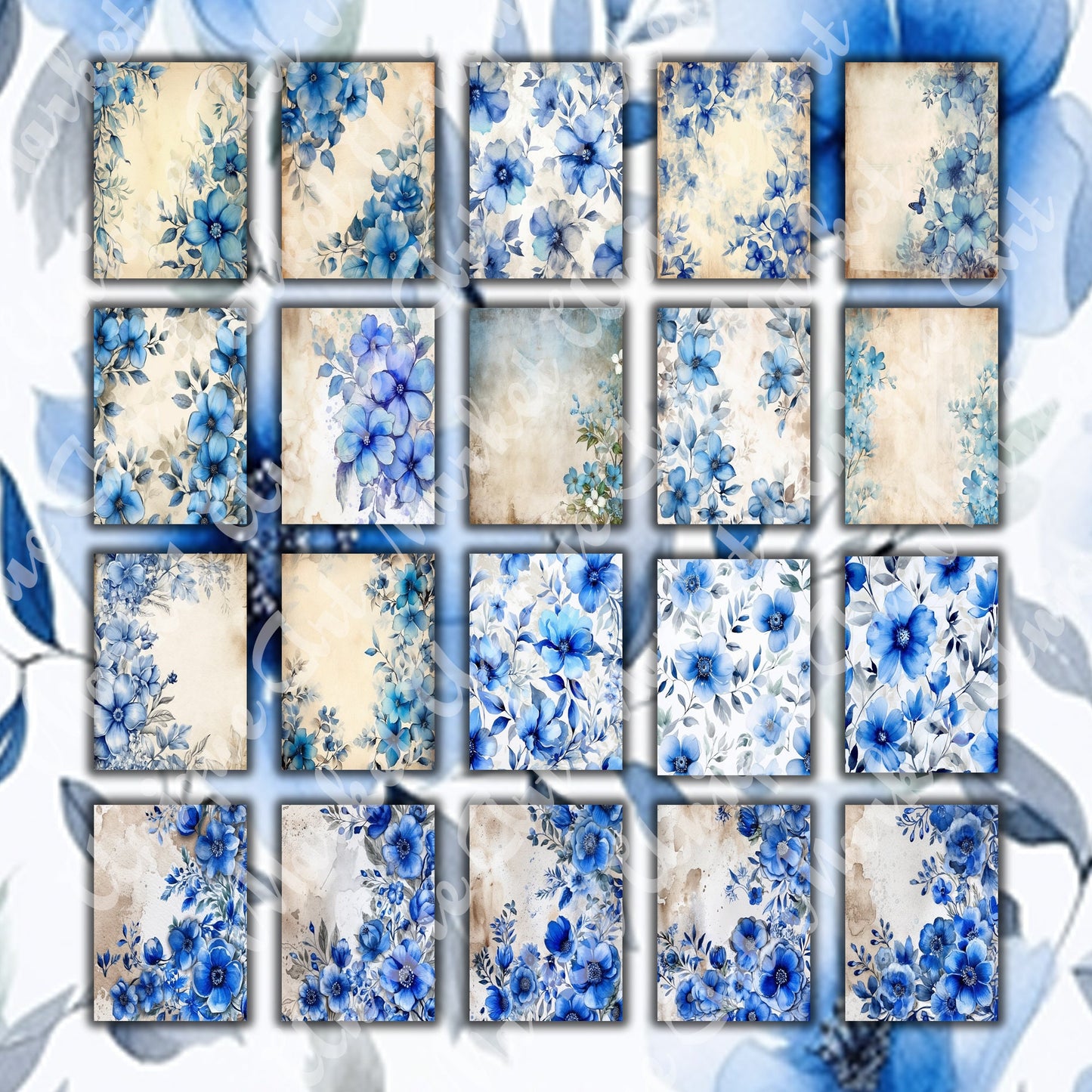 Vintage Blue Floral Journal Pages , Digital Papers, floral Backgrounds , Scrapbooking Junk Journaling , Printable Download , Blue flowers