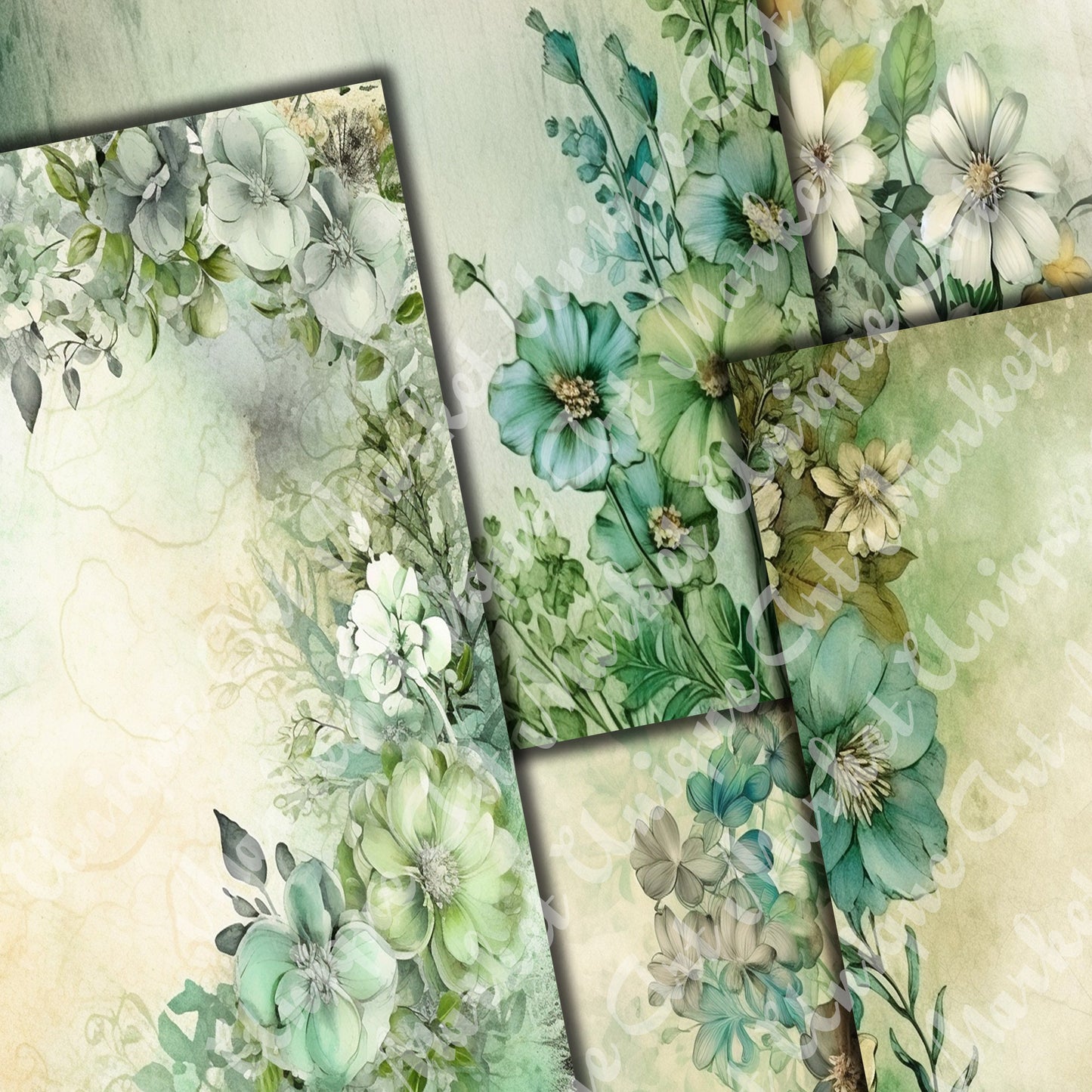 Vintage Green Floral Journal Pages , Digital Papers, floral Backgrounds , Scrapbooking Junk Journaling , Printable Download , Green flowers