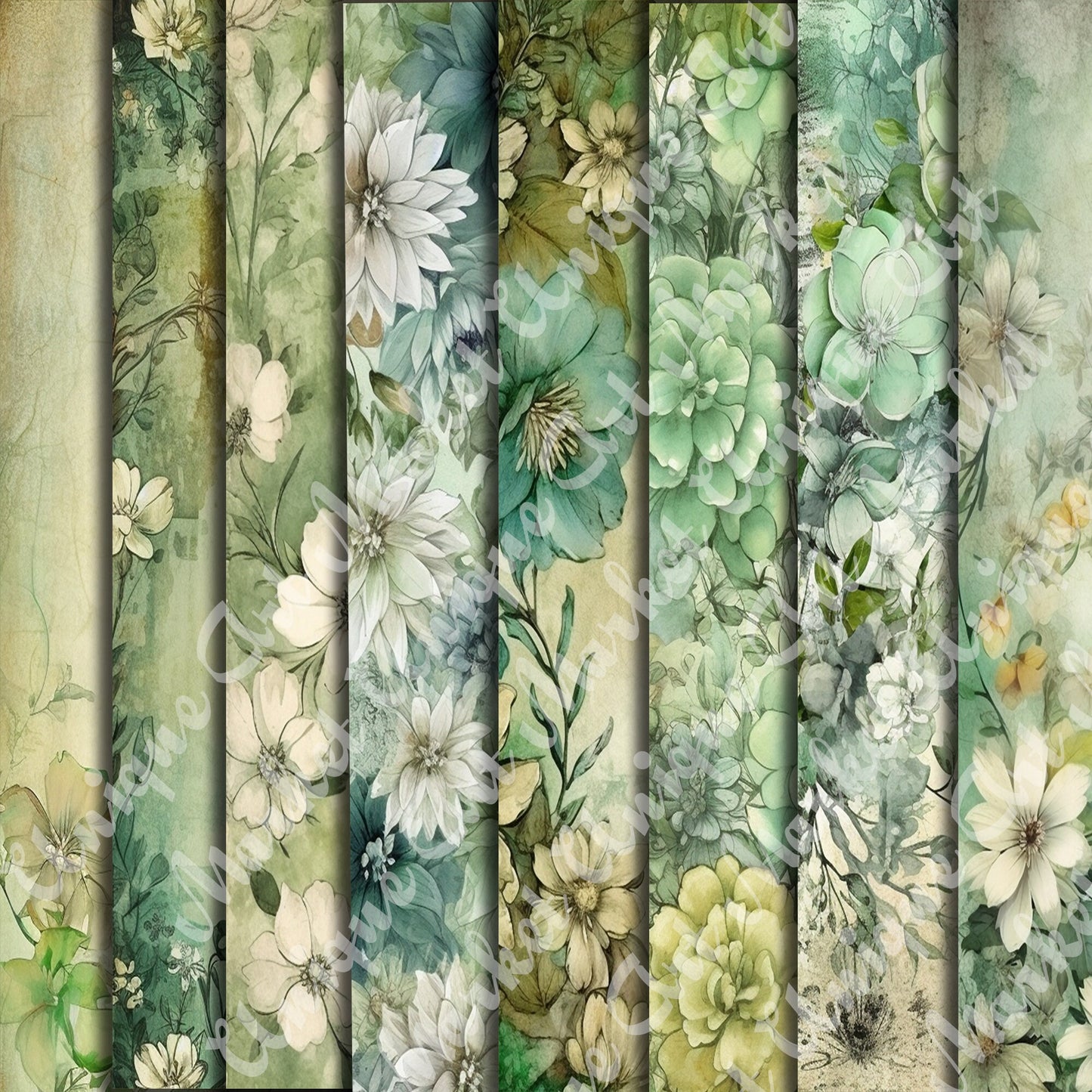 Vintage Green Floral Journal Pages , Digital Papers, floral Backgrounds , Scrapbooking Junk Journaling , Printable Download , Green flowers