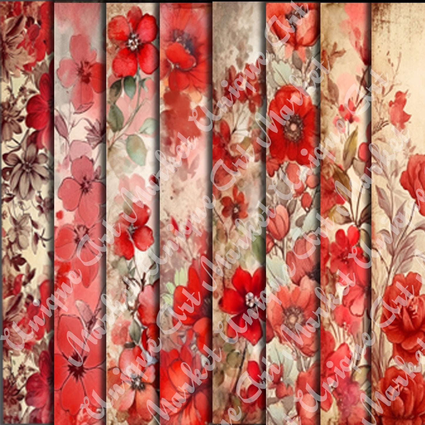Vintage Red Floral Journal Pages , Digital Papers, floral Backgrounds , Scrapbooking Junk Journaling , Printable Download , Red flowers