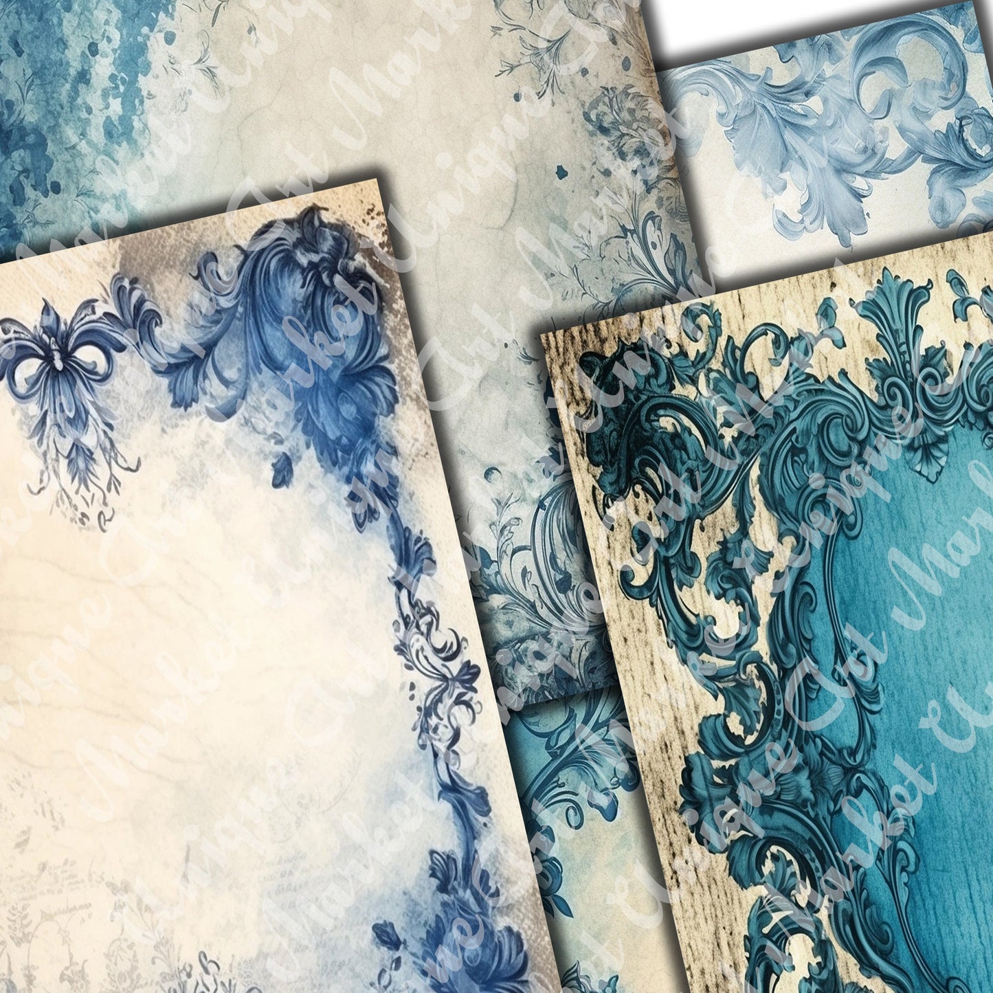 Vintage Blue Ornamental Grunge journal paqes, Digital Papers, Gothic Backgrounds , Scrapbooking Junk Journaling , Printable Download,
