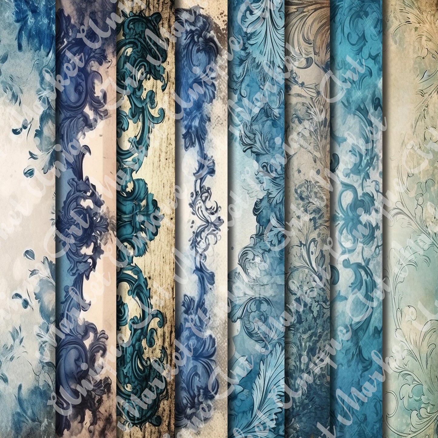 Vintage Blue Ornamental Grunge journal paqes, Digital Papers, Gothic Backgrounds , Scrapbooking Junk Journaling , Printable Download,