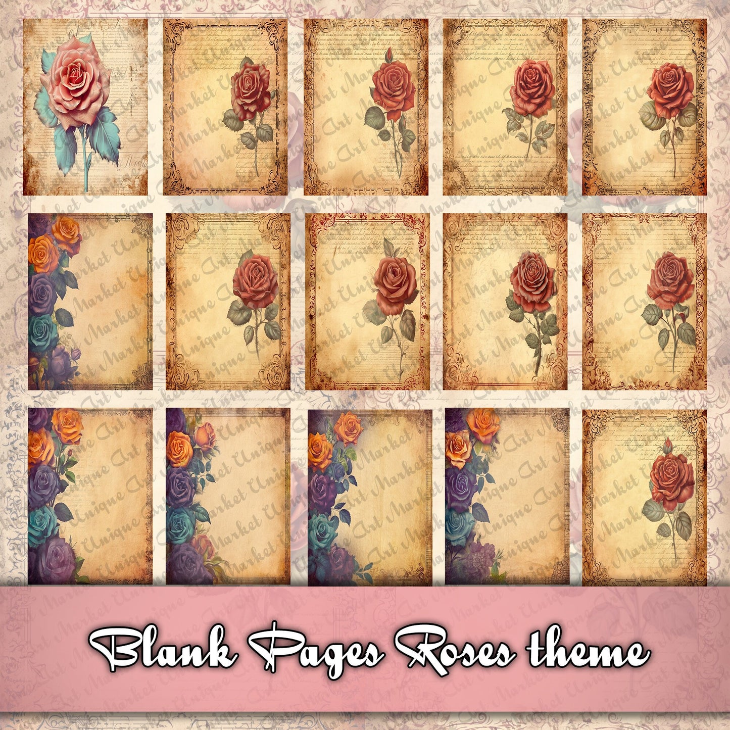 Vintage roses blank Journal Pages , Digital Papers, roses Background , Scrapbooking Junk Journaling , fussy cut roses , white rose . kits
