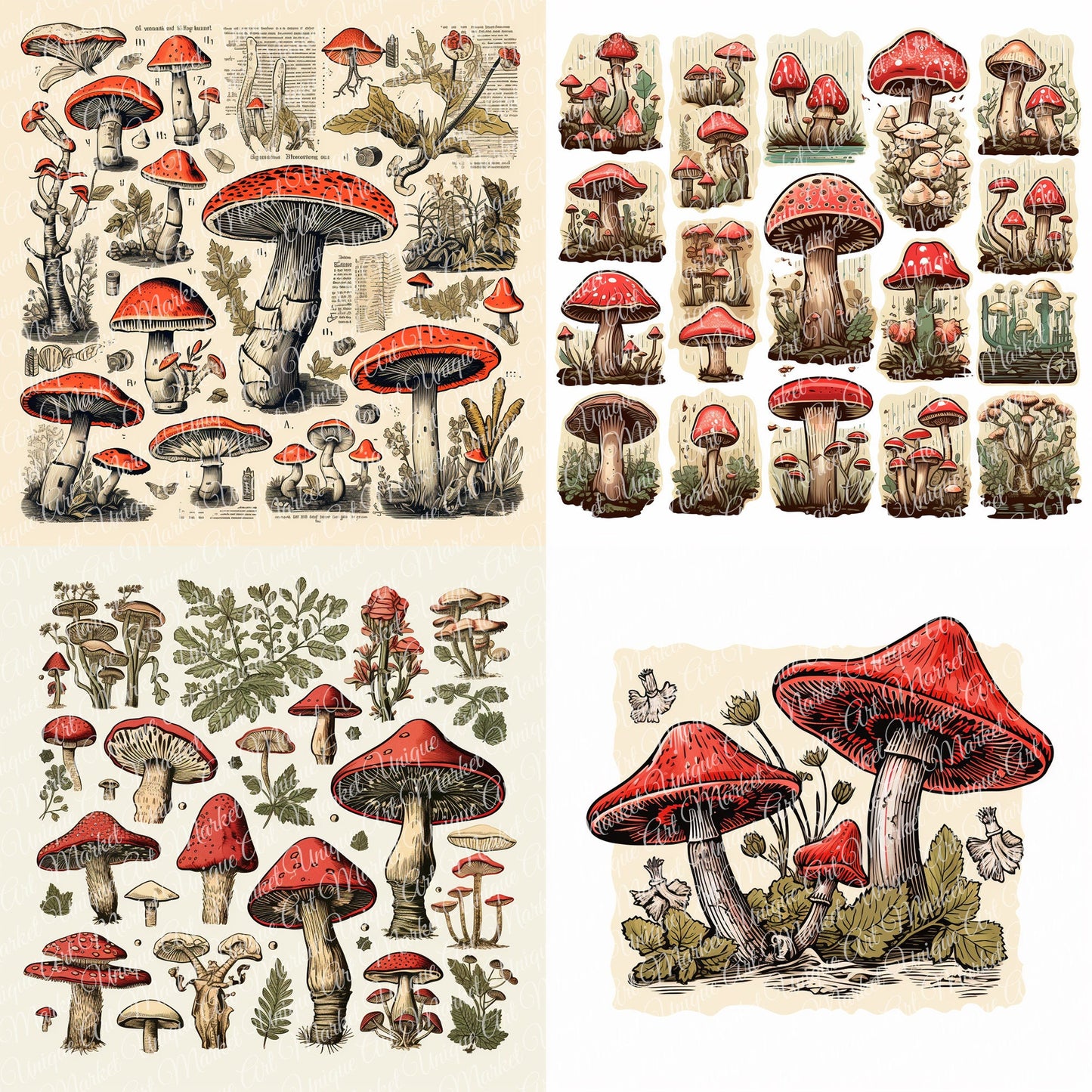 Vintage fussy mushrooms Mega bundle kit , junk journal ephemera, mushroom stickers , digital printable, collage, scrapbooking, vintage print