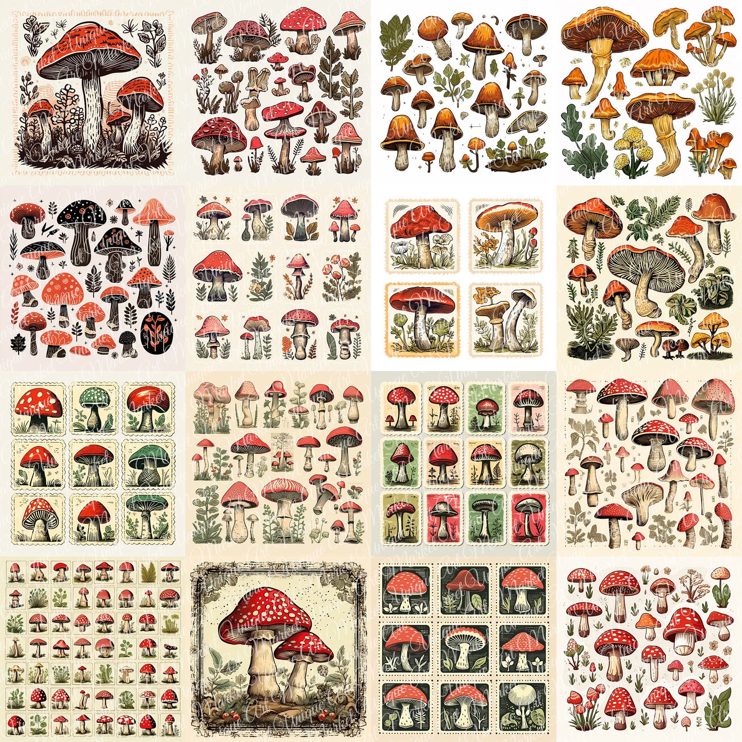Vintage fussy mushrooms Mega bundle kit , junk journal ephemera, mushroom stickers , digital printable, collage, scrapbooking, vintage print