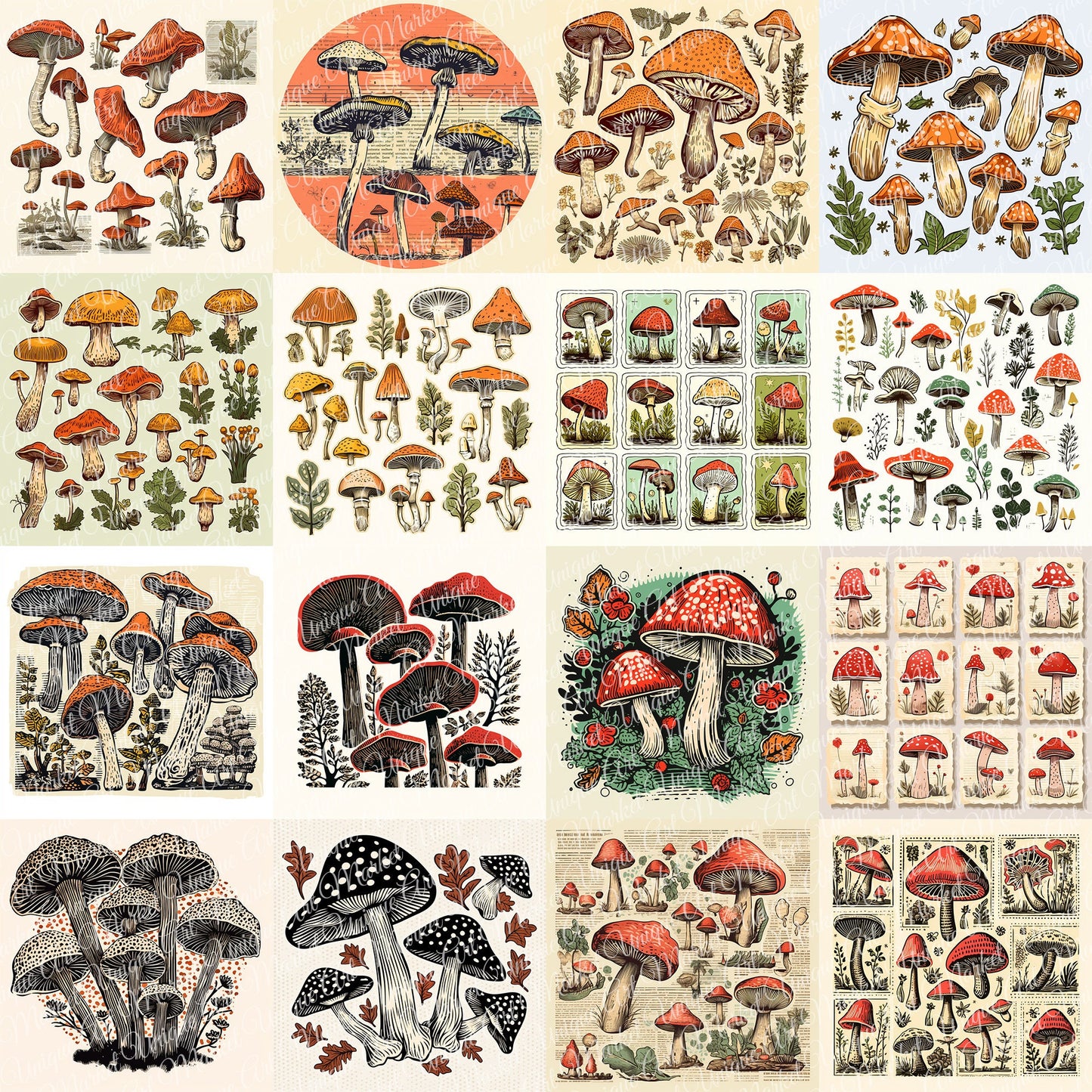 Vintage fussy mushrooms Mega bundle kit , junk journal ephemera, mushroom stickers , digital printable, collage, scrapbooking, vintage print