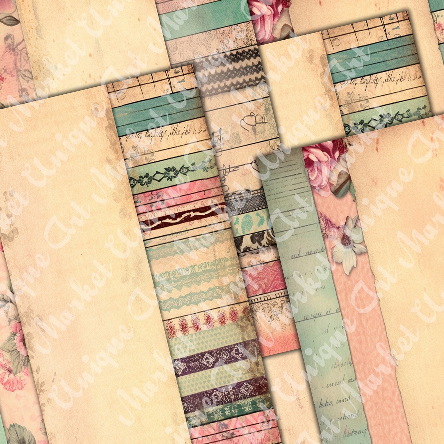 Vintage shabby chic washi Journal Pages, v04, Digital Papers, Shabby Chic Backgrounds , Scrapbooking Junk Journaling , Printable Download .
