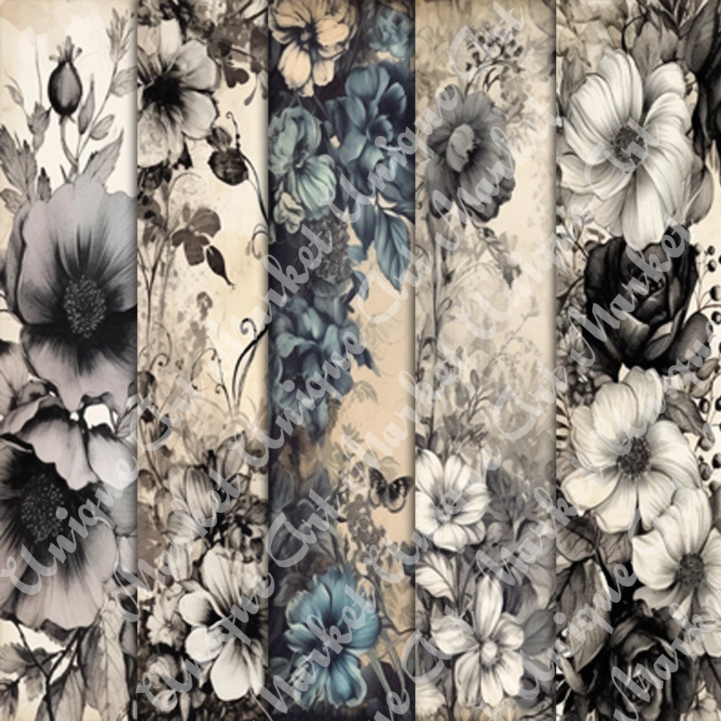 Vintage Black Floral Journal Pages , Digital Papers, gothic Backgrounds , Scrapbooking Junk Journaling , Printable Download , Black flowers